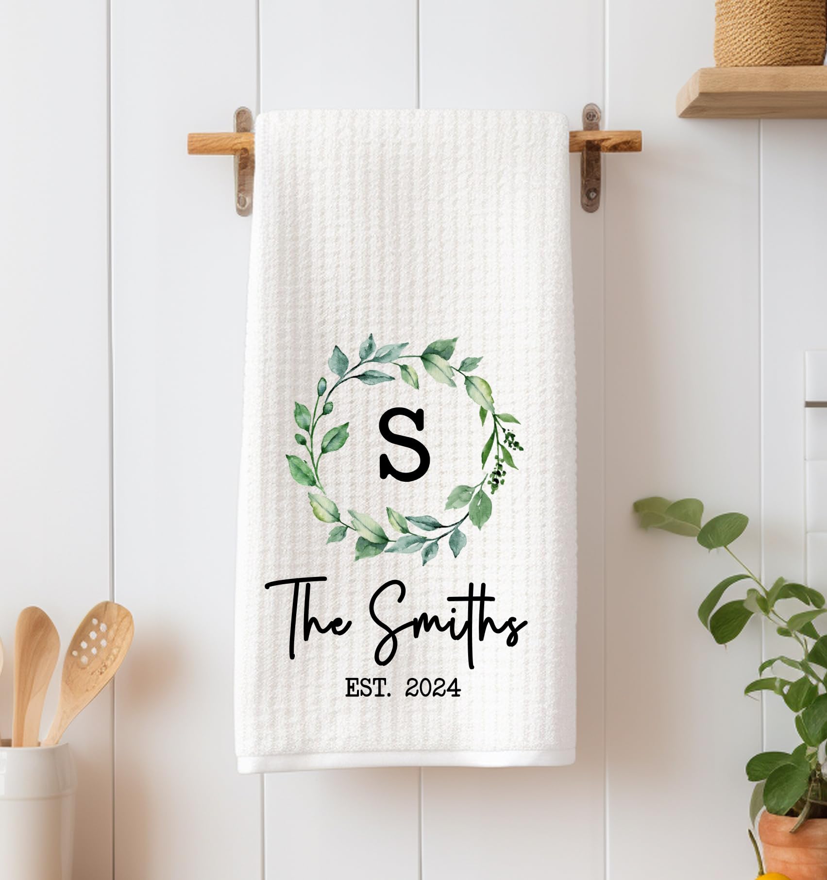 Personalized Greenery Wreath Tea Towel - Waffle Weave Kitchen Towel Set - Housewarming, Wedding & Hostess Gift - Farmhouse Decor for Kitchen, Dining & Holiday Decorating