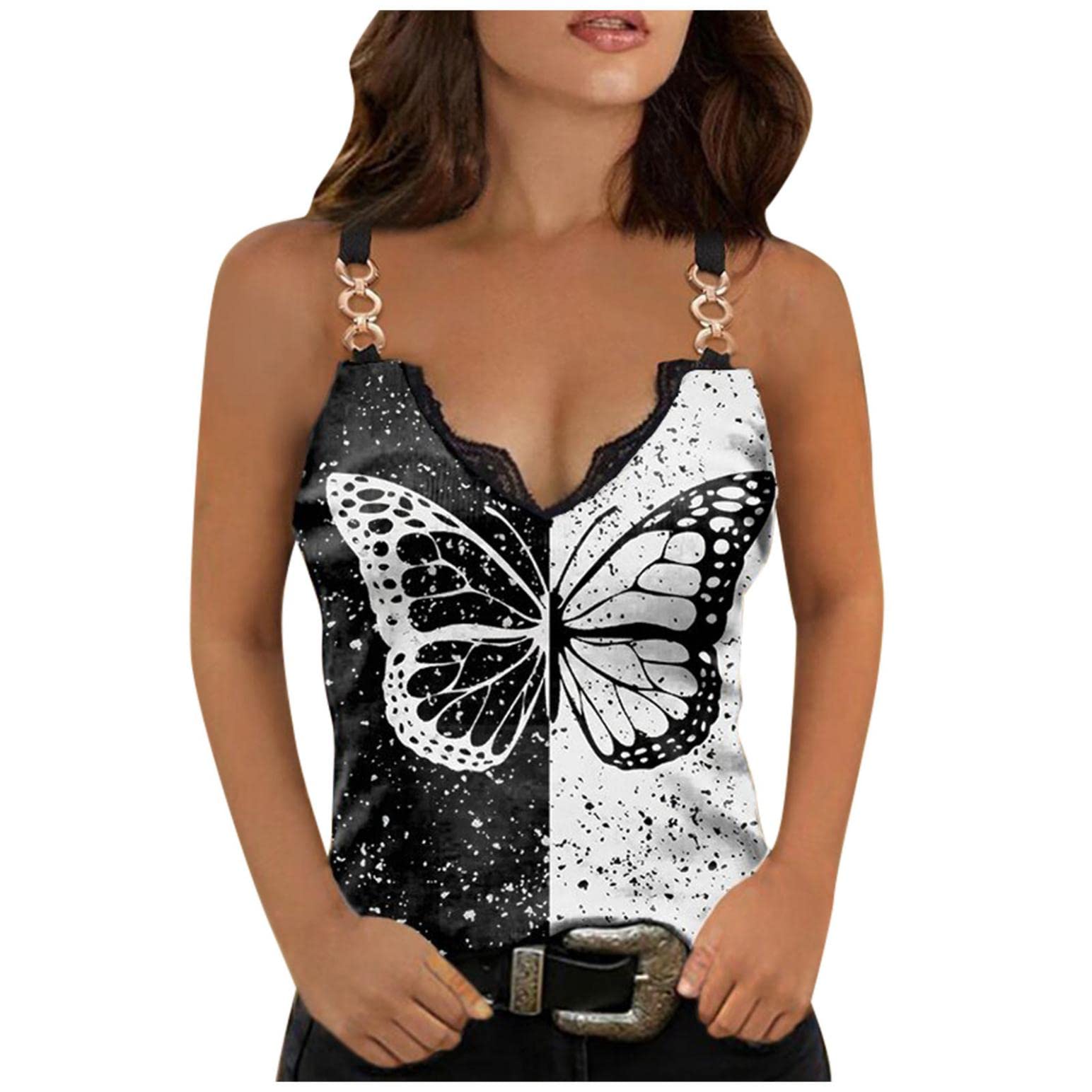 Women's Summer Tops - Loose Fit Lace V-Neck Butterfly Print Sleeveless Blouse & Cami Tank Tops | Casual Wear, Beach Outfits, Vacation Essentials & Everyday Comfort