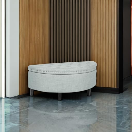 Tufted Lift Top Storage Ottoman Bench - Half Moon Footrest with Soft Padded Seat & Anti-Skid Wood Legs | Dressing Shoe Bench for Bedroom, Living Room & Entryway