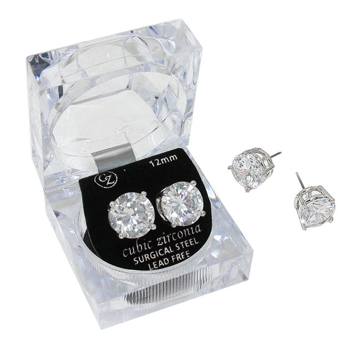 12mm Round Cut Crystal Cubic Zirconia CZ Stud Earrings - Sparkling Clear Gemstone Jewelry for Women - Perfect for Weddings, Parties & Everyday Elegance