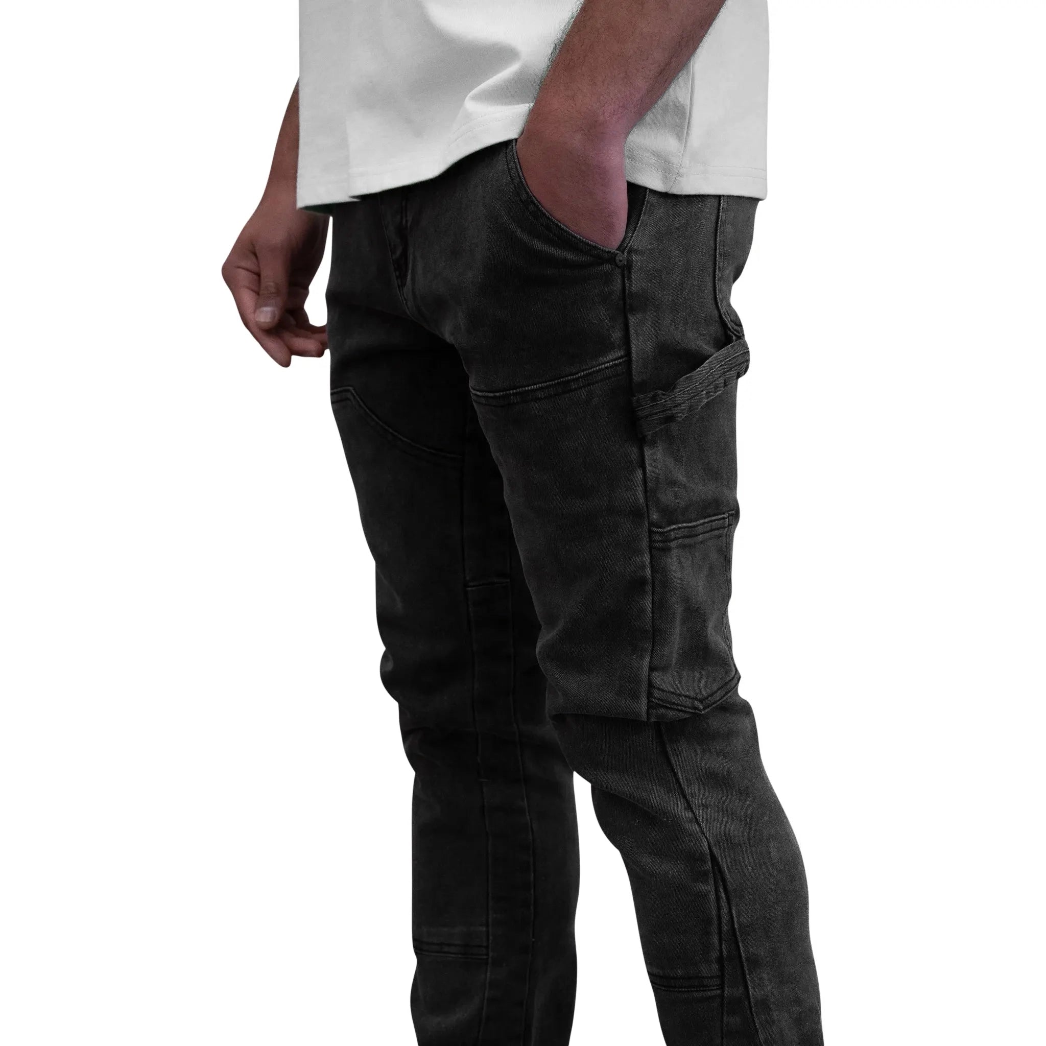 SIARR Carpenter Jeans for Men - Washed Black Denim Work Pants with Utility Pockets | Durable & Comfortable for Construction, Woodworking & Outdoor Work
