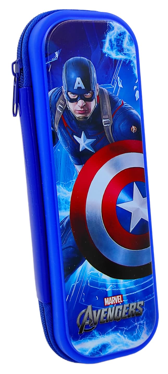 Johnnie Boy Captain America Pencil Box with Built-in Pencil Stand - Durable & Spacious Zippered Pencil Case for Boys (Dark Blue) - Perfect for School, Office & Travel Organization