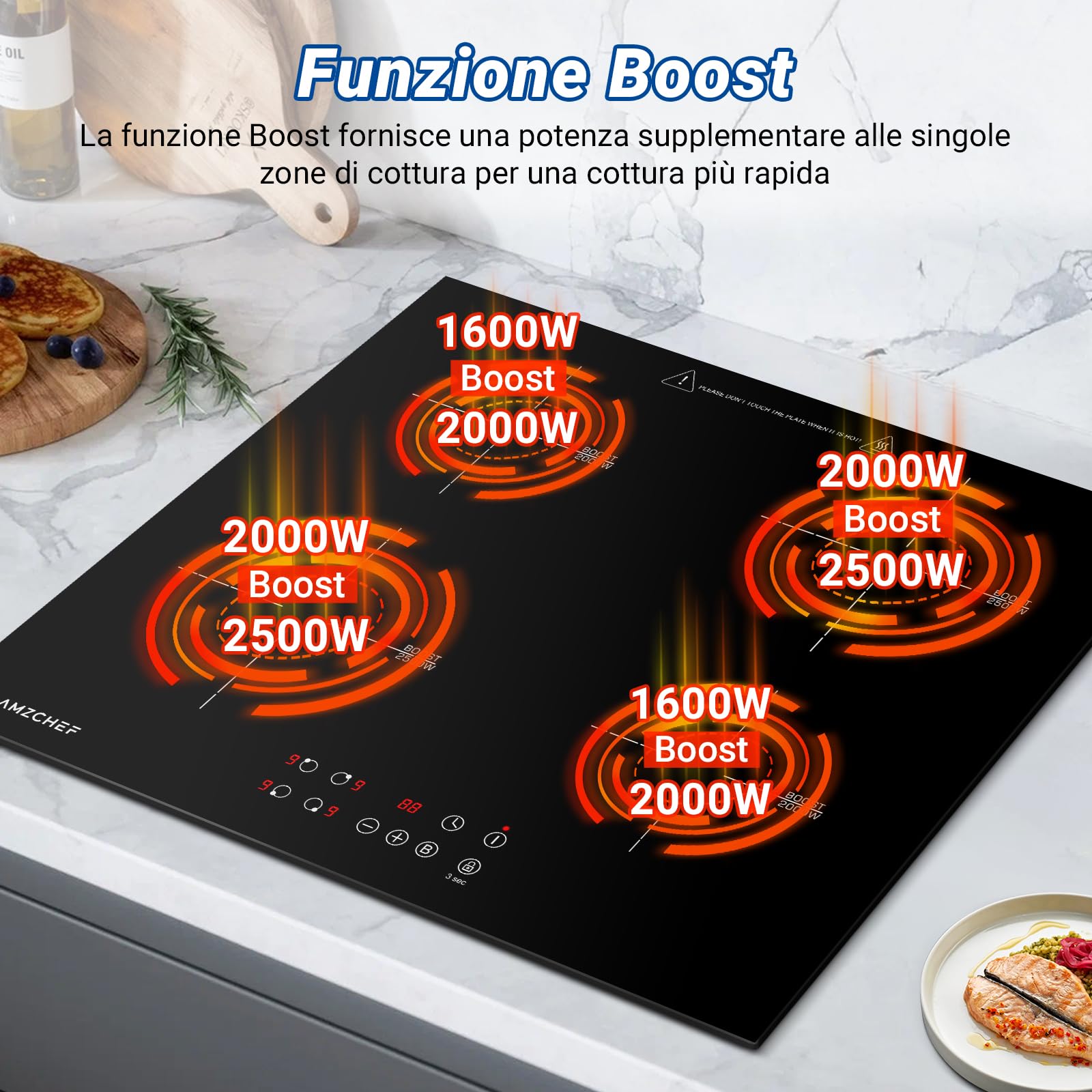 AMZCHEF 60cm 4-Burner Induction Cooktop with Boost Function, 9 Power Levels, Safety Lock, Touch Control, Timer - 7200W for Fast & Efficient Cooking - Perfect for Home Kitchens, Restaurants & Outdoor Use