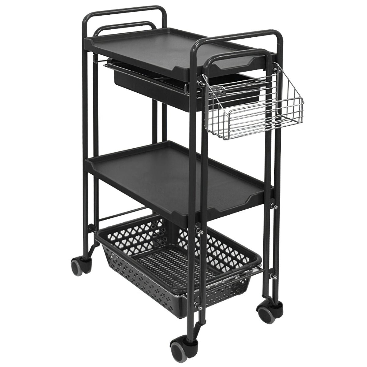 Multi-Function Black Metal Trolley with Side Organizer - Perfect for Office, Kitchen, and Home Storage Organization