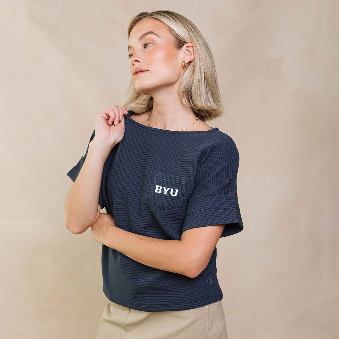 BYU Atlas Ribbed Blouse for Women - Navy Blue Stretch Knit Top - Perfect for Office Wear, Casual Outfits & Date Nights