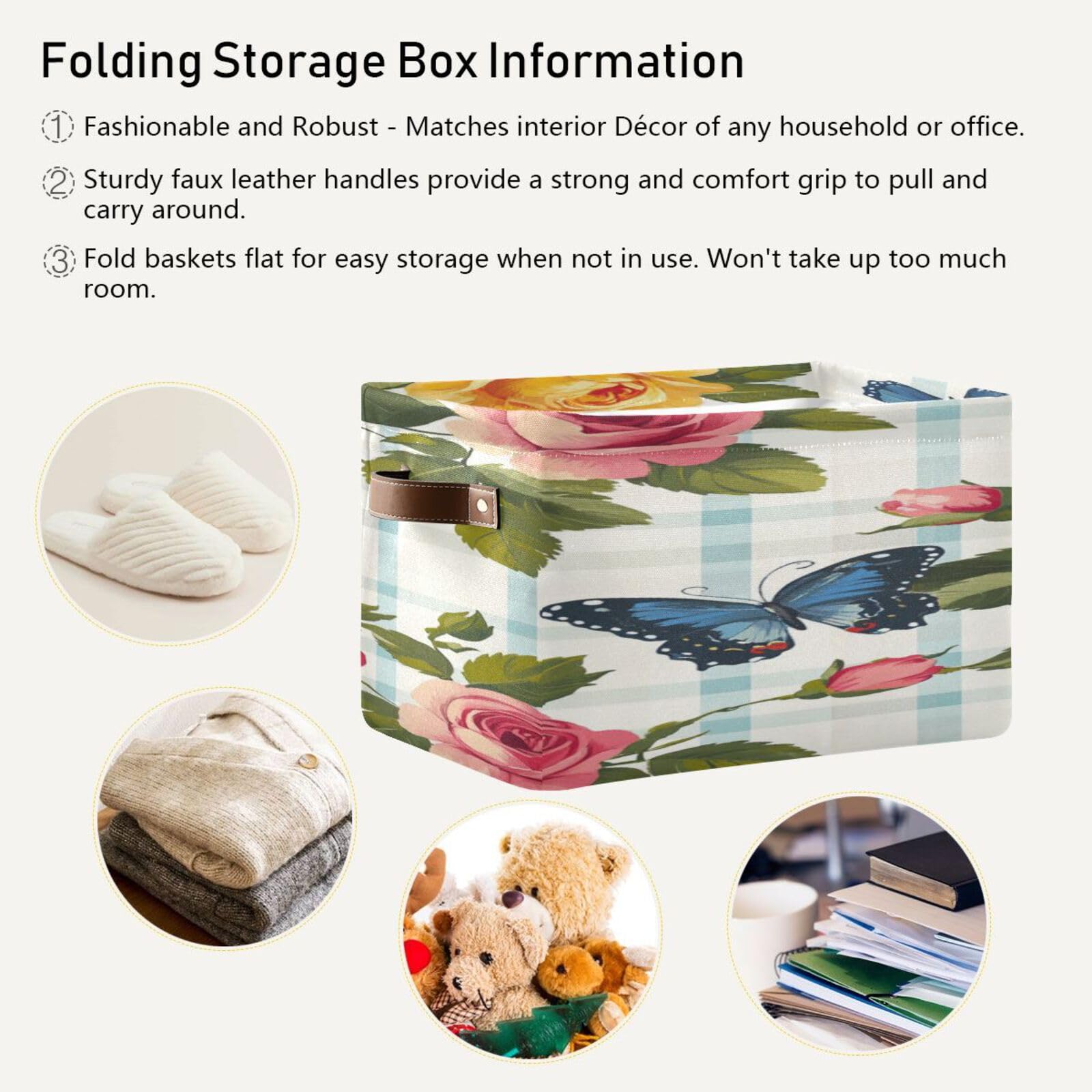 Large Foldable Storage Baskets with Handles - 2 Pack Checkered Rose Pattern for Home Organization, Closet & Shelf Storage | Perfect for Bedroom, Bathroom & Kids Room Organization