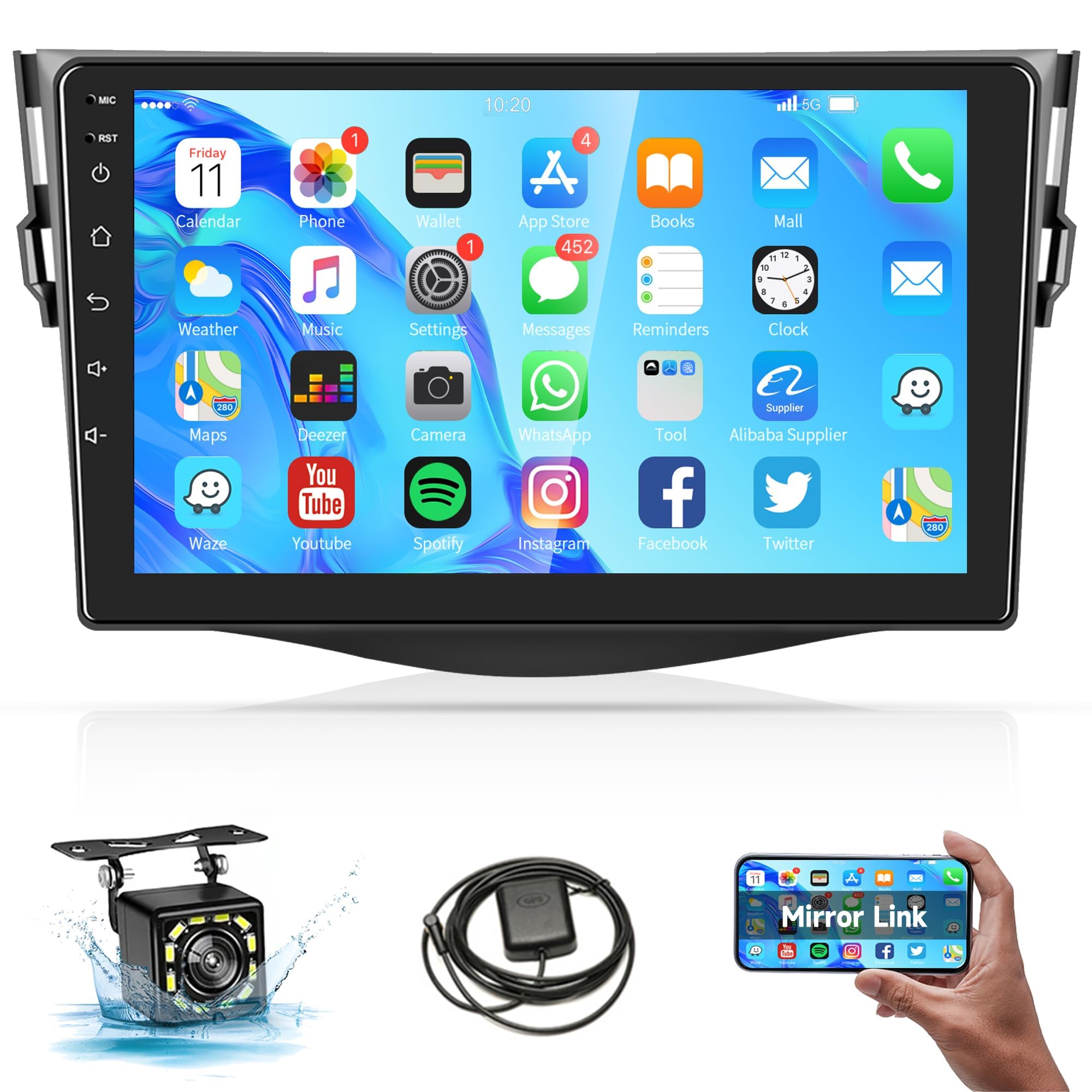 Rimoody 9 Inch Android Car Stereo for Toyota RAV4 2007-2011 - GPS Navigation, Bluetooth, WiFi, Touch Screen, FM/RDS Radio, Mirror Link, EQ, USB, RCA & Backup Camera - Perfect for Road Trips & Daily Commutes