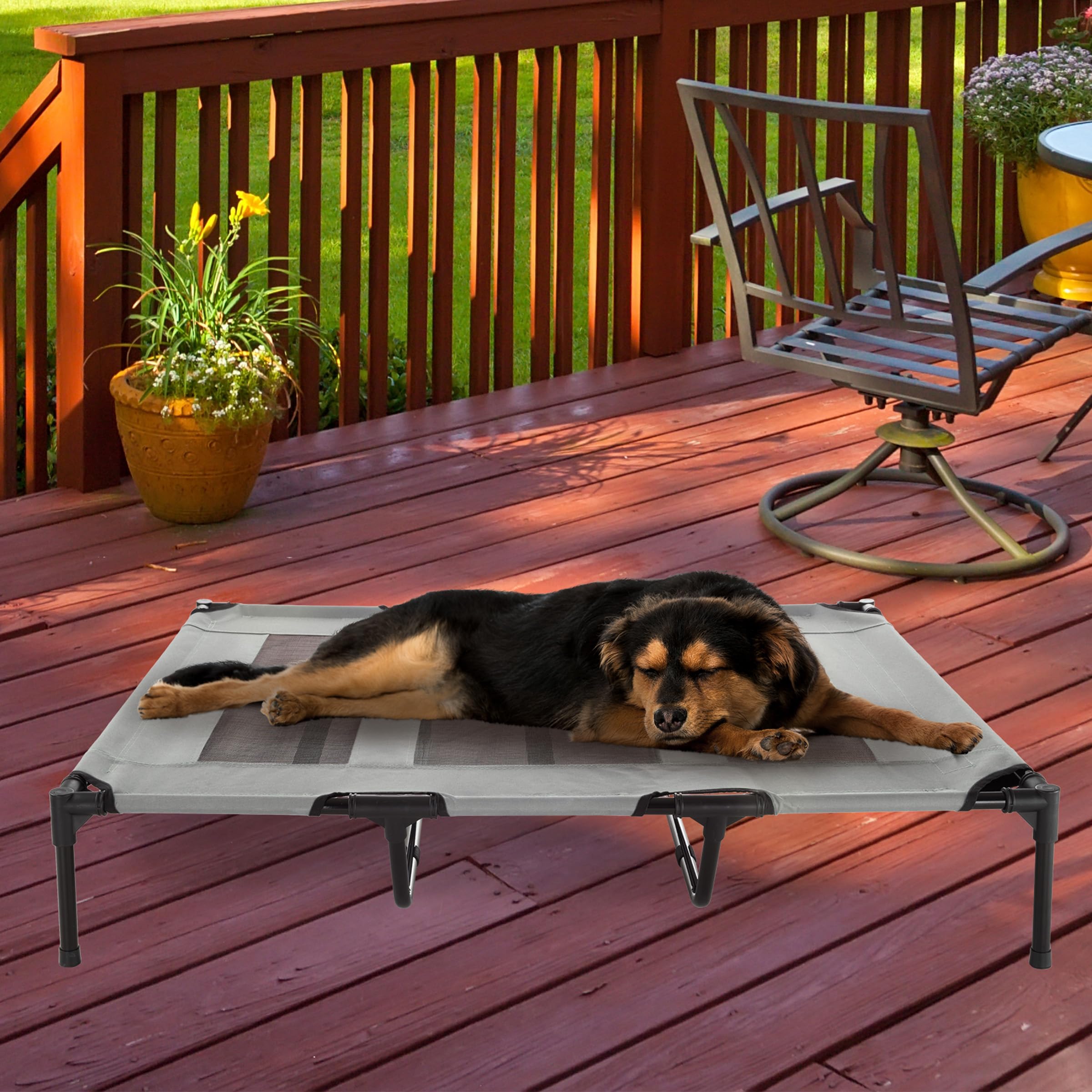 Premium Elevated Dog Bed - 48x35.5 Inch Portable Pet Cot with Non-Slip Feet - Indoor/Outdoor Cooling Dog Bed for Large Dogs up to 110lbs - Perfect for Camping, Patio & Home Use - PETMAKER (Gray)