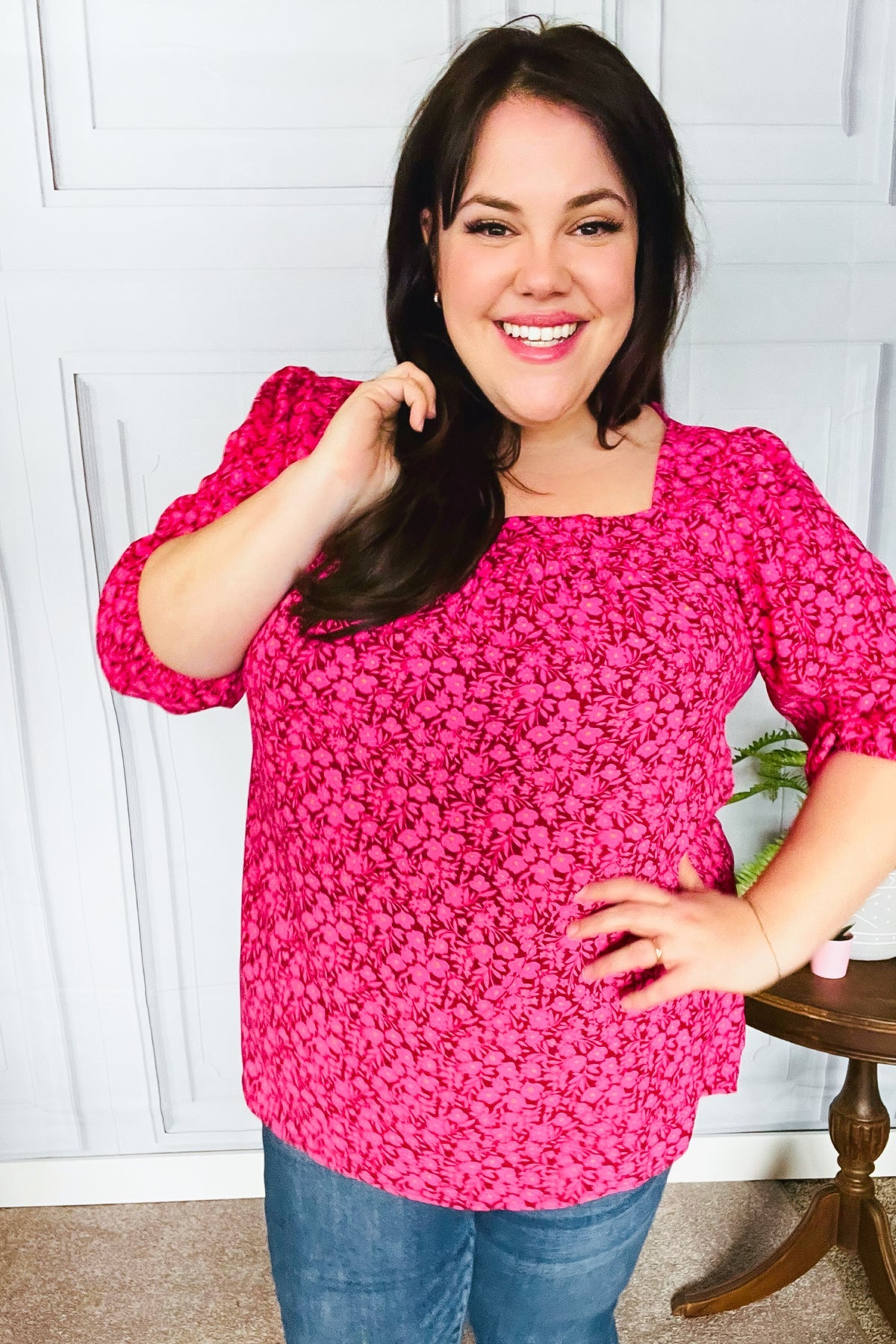 Perfectly You Fuchsia Floral Print Three Quarter Sleeve Square Neck Blouse for Women | Casual Spring Summer Tops for Office Wear & Date Night Outfits