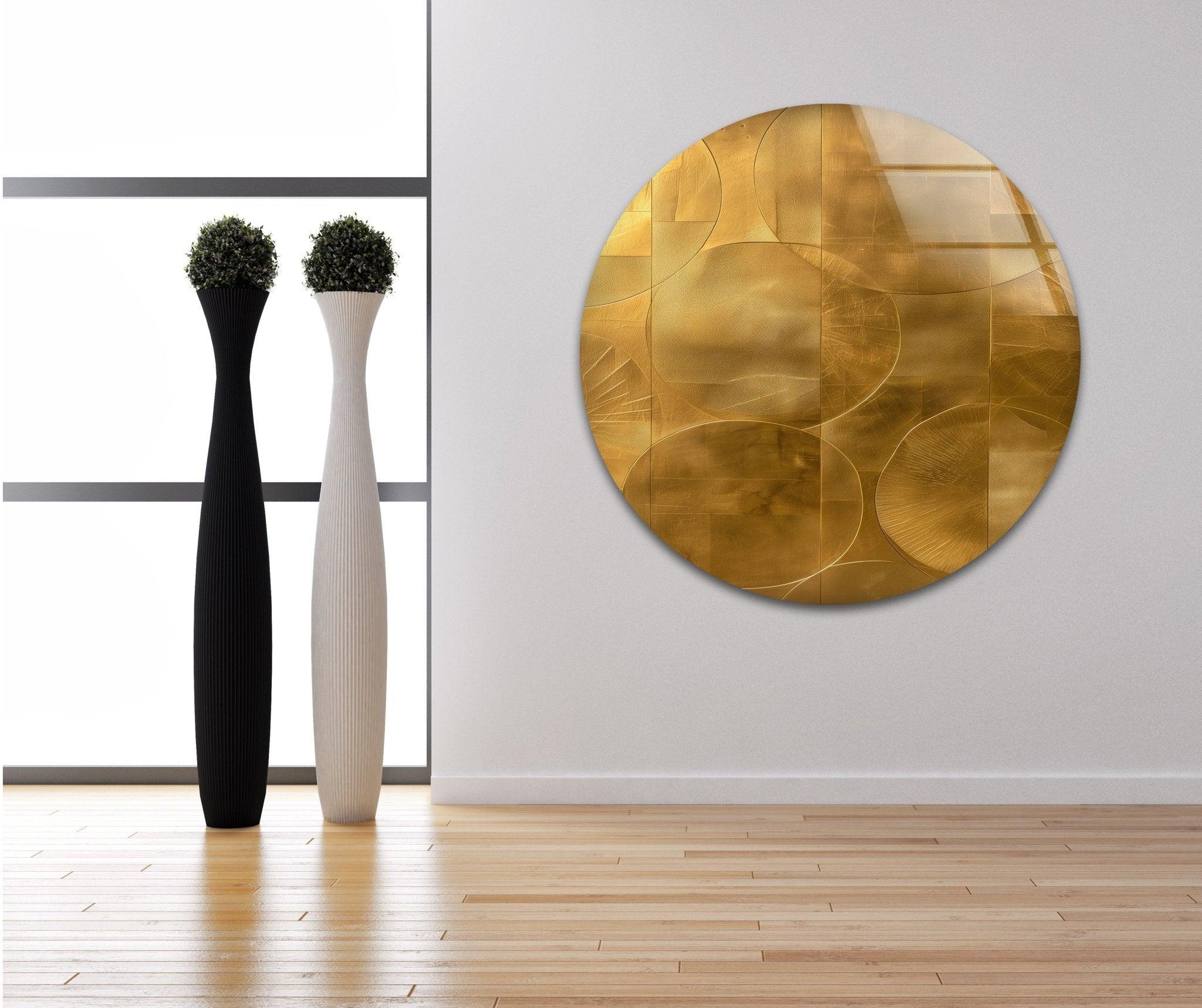 Abstract Gold Geometric Glass Wall Art - Modern Home Decor for Living Room, Bedroom & Office - Elegant Handmade Glass Panel for Stylish Interior Design