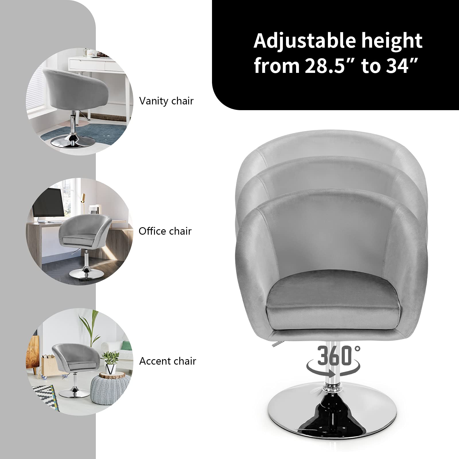 COSTWAY Adjustable Height Velvet Makeup Vanity Chair with Chrome Frame - Modern Round-Back Swivel Accent Chair for Bedroom, Living Room & Dressing Area - Soft Grey Upholstered Leisure Stool (Perfect for Makeup, Reading & Relaxing)