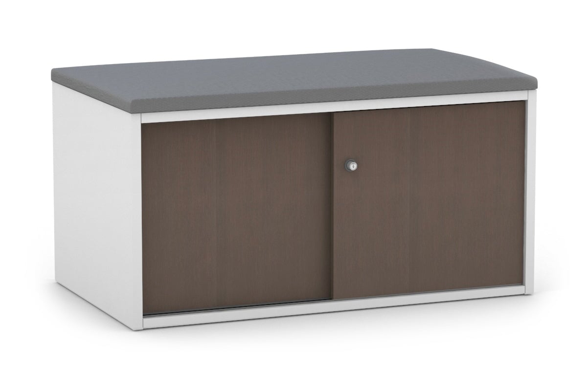 Low Profile 2-Door Sliding Credenza with Top Cushion - Modern TV Stand for Living Room, Bedroom Storage Cabinet with Smooth Gliding Doors