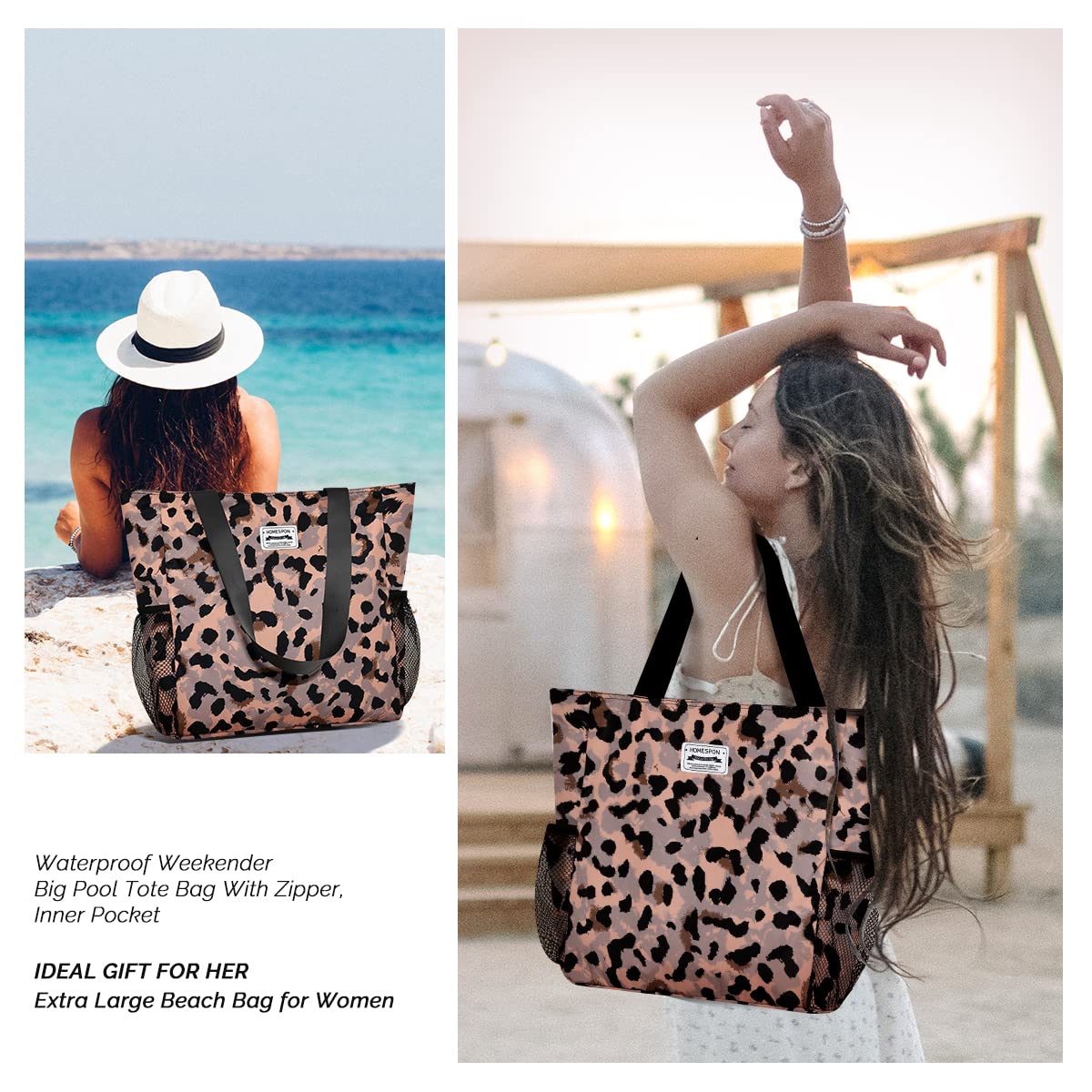 Burninger Large Waterproof Beach Bag for Women - Sandproof Tote with Zipper & Multiple Pockets - Perfect for Pool, Travel, Gym, Vacation & Outdoor Activities