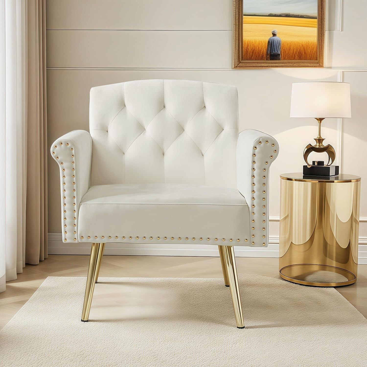 Modern Beige Velvet Accent Chair with Gold Metal Legs - Stylish Armchair for Living Room, Bedroom & Office - Perfect for Relaxing, Reading or Home Decor