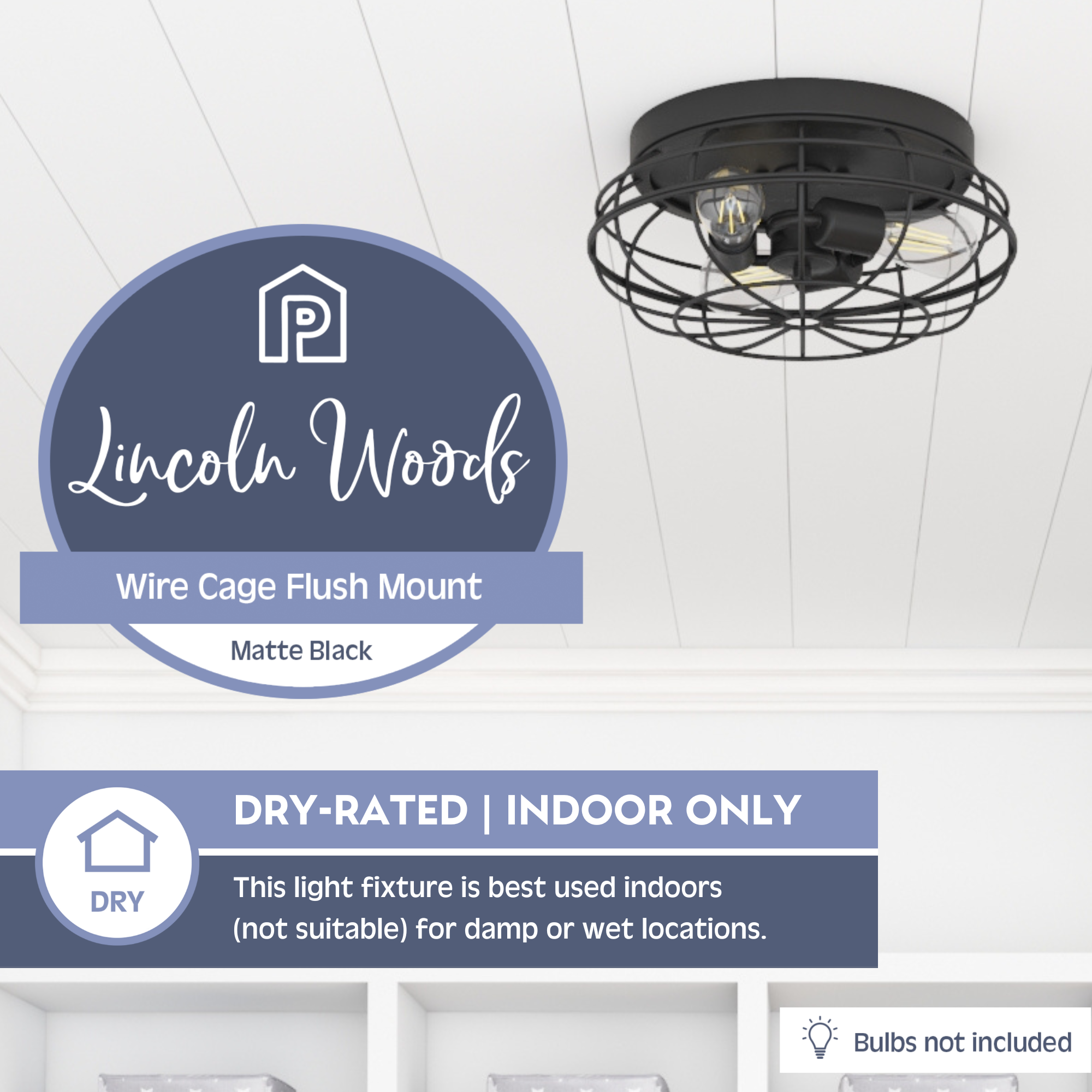 Lincoln Woods Industrial Flushmount Light Fixture - Matte Black Wire Cage Ceiling Light for Workshop, Garage & Farmhouse Decor