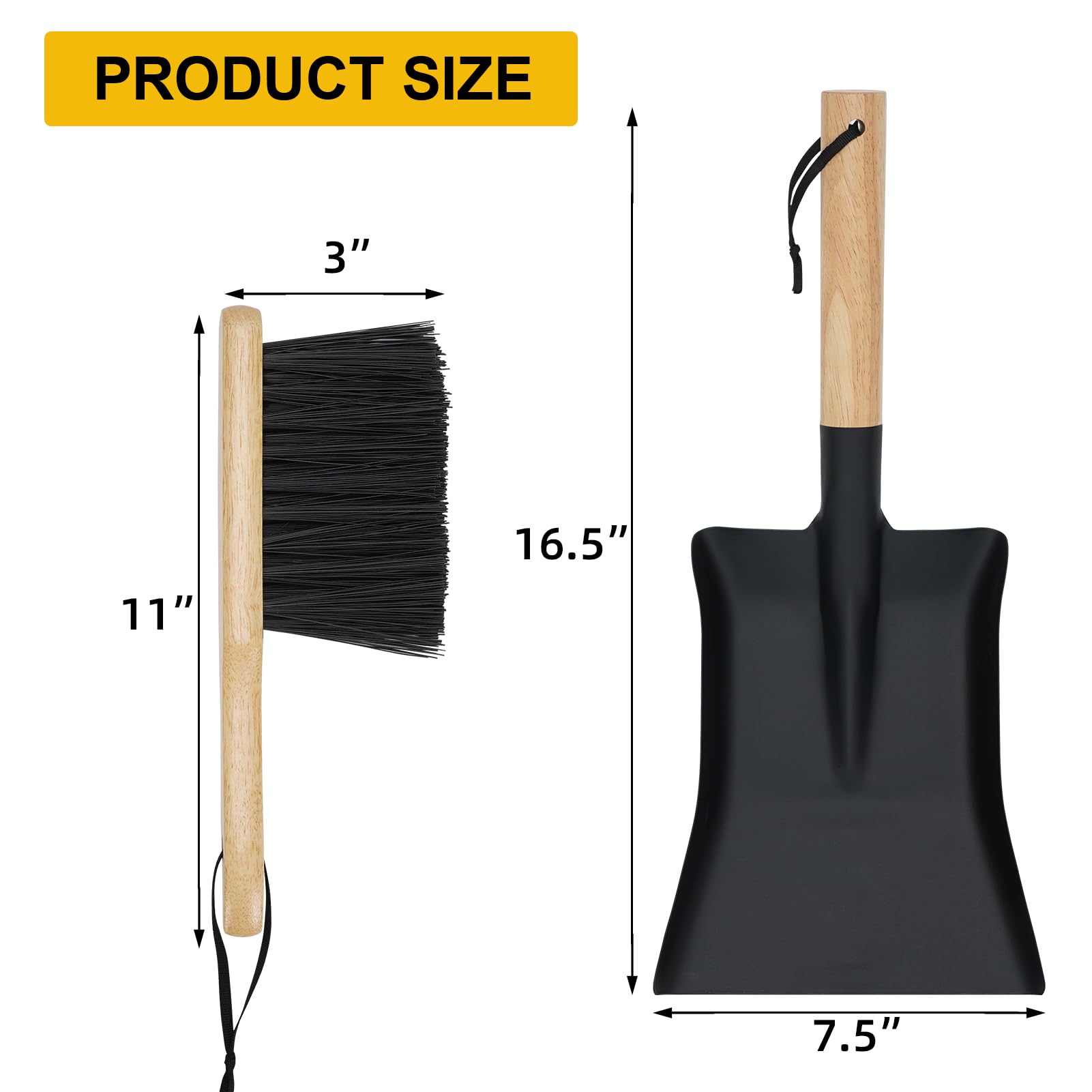 Fireplace Shovel & Brush Set - Heavy Duty Ash Shovel and Hearth Broom with Wooden Handle | Fireplace Tools Set with Metal Ash Pan | Perfect for Indoor Fireplaces & Outdoor Fire Pits | Essential Fire Pit Accessories for Cozy Nights