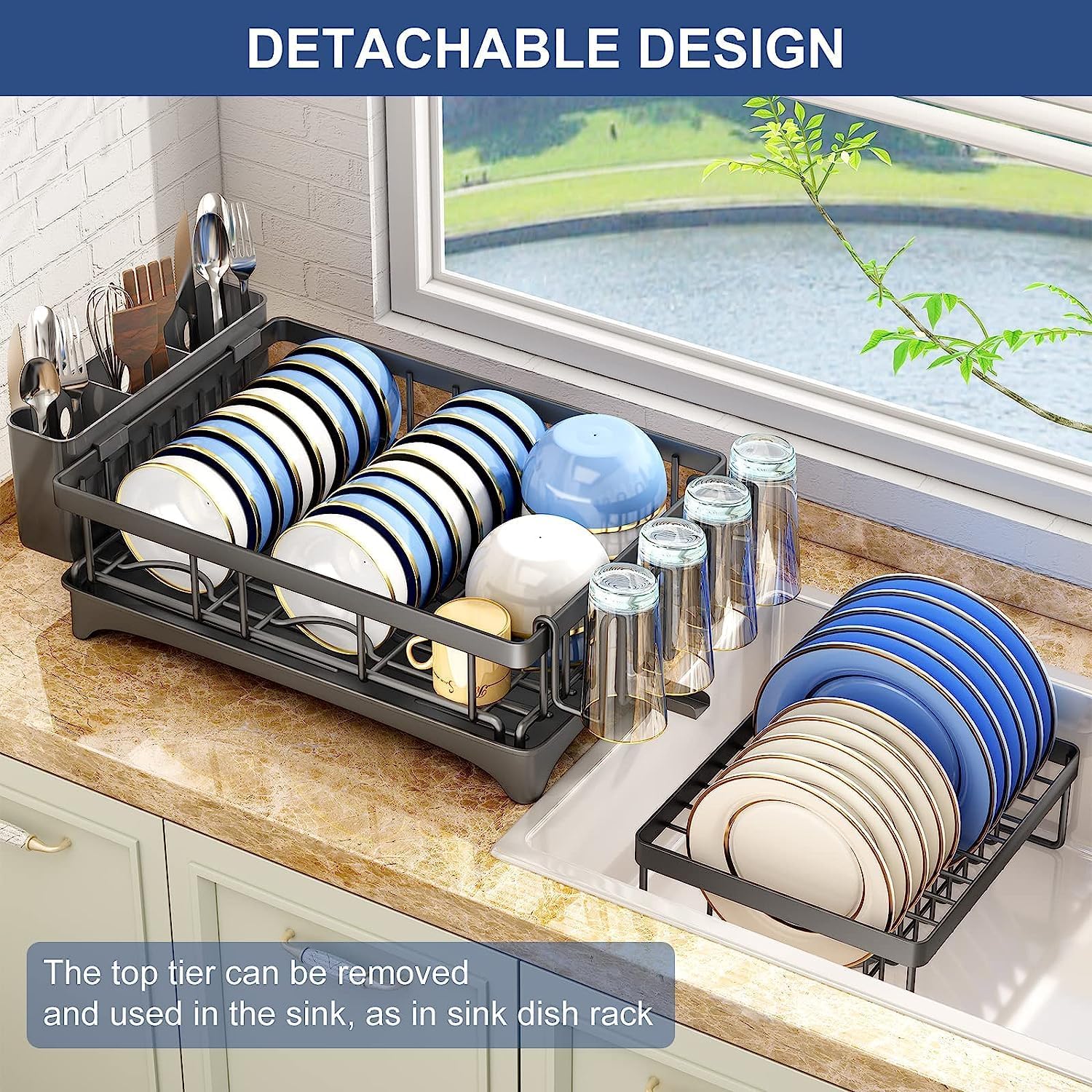 Stainless Steel Over Sink Dish Drying Rack - 2 Tier Adjustable Large Dish Drainer for Kitchen Counter Organization | Space Saving Storage Solution | Perfect for Small Kitchens, Apartments & RV Use (Model RK-281)