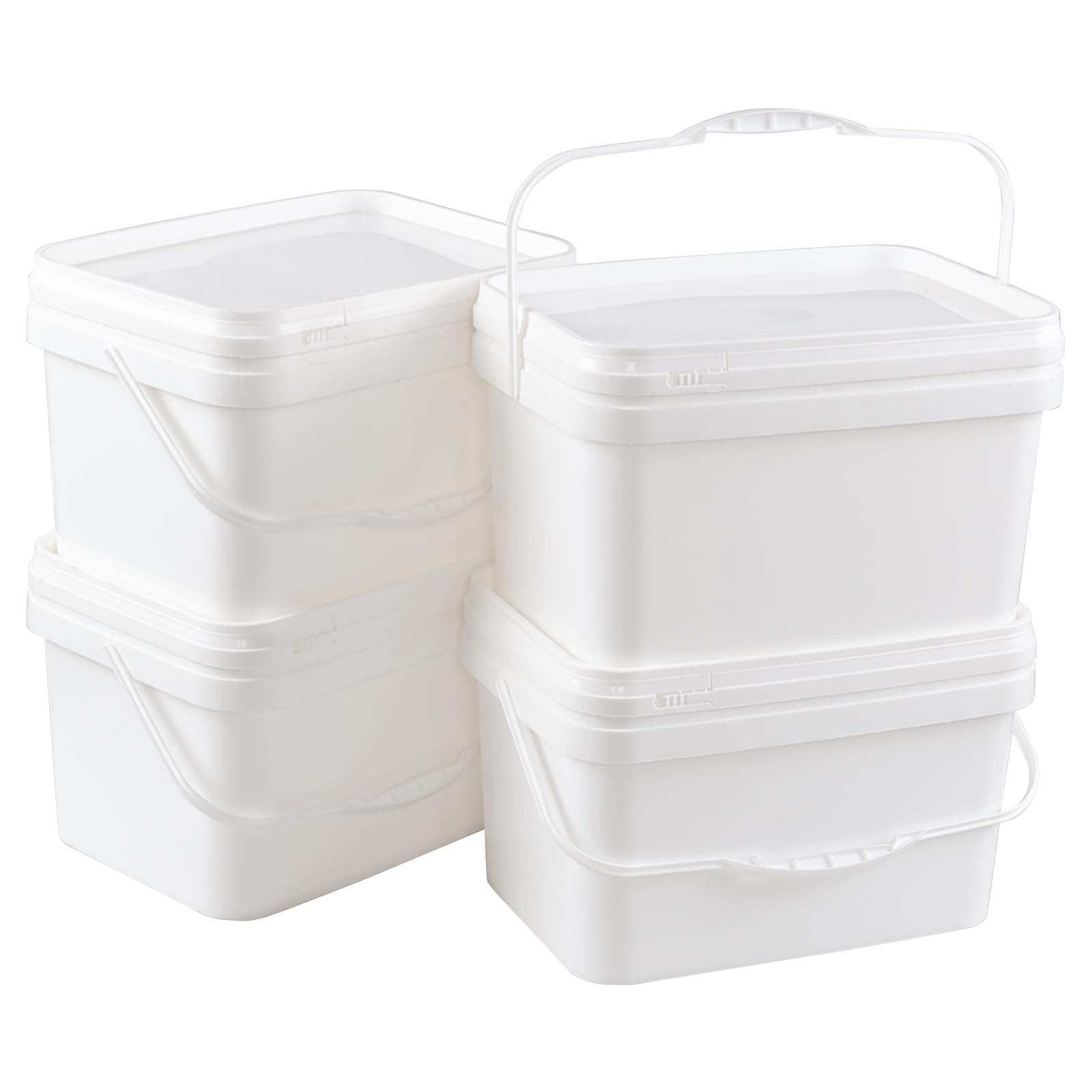 3 Gallon White Plastic Square Bucket with Lid - Food Grade Storage Containers (4-Pack) | Durable Rectangular Utility Pails with Handles for Kitchen, Restaurant, and Commercial Use