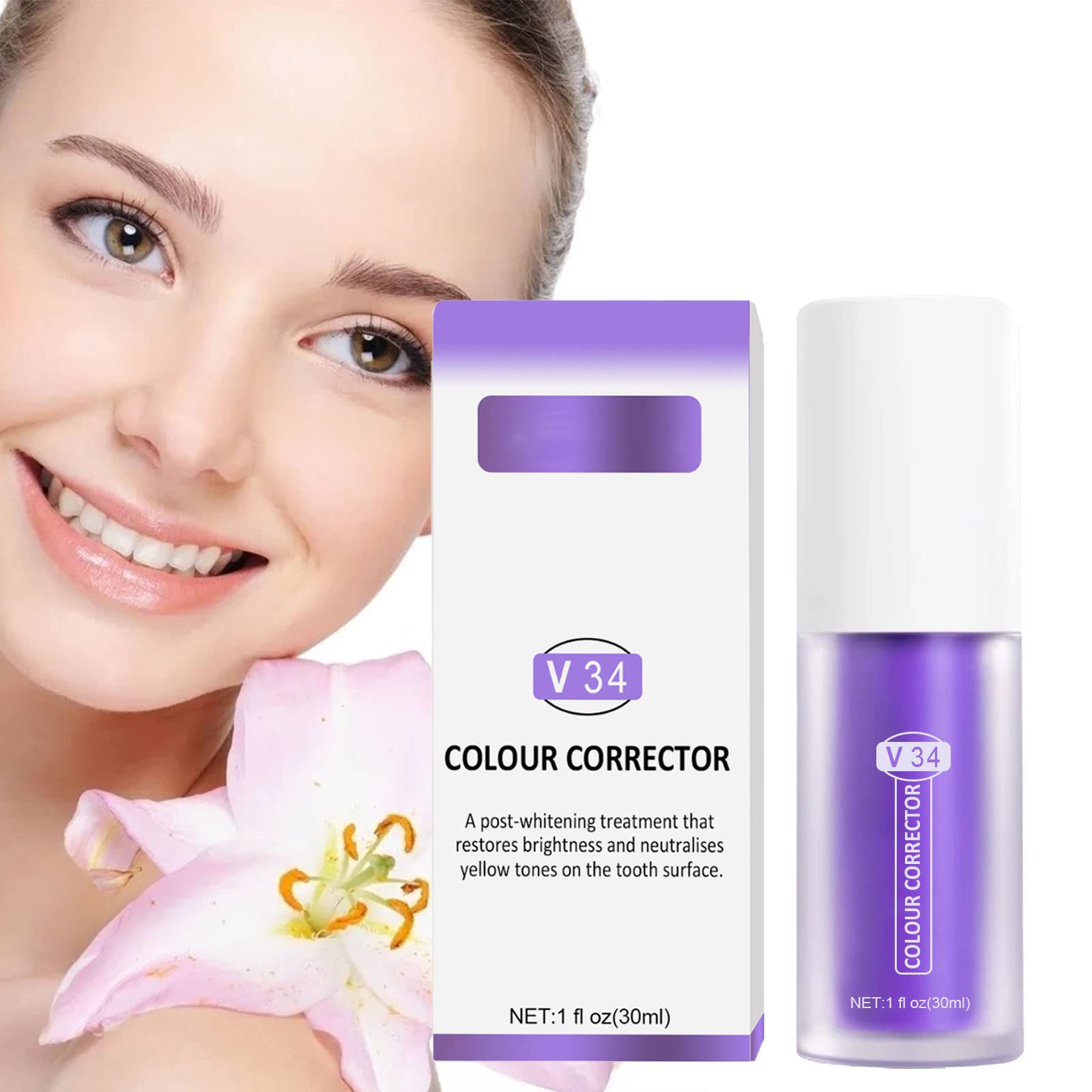 V34 Purple Dental Color Corrector Toothpaste - Teeth Whitening & Intensive Stain Removal for Brighter Smile | Perfect for Coffee, Wine & Smoking Stains