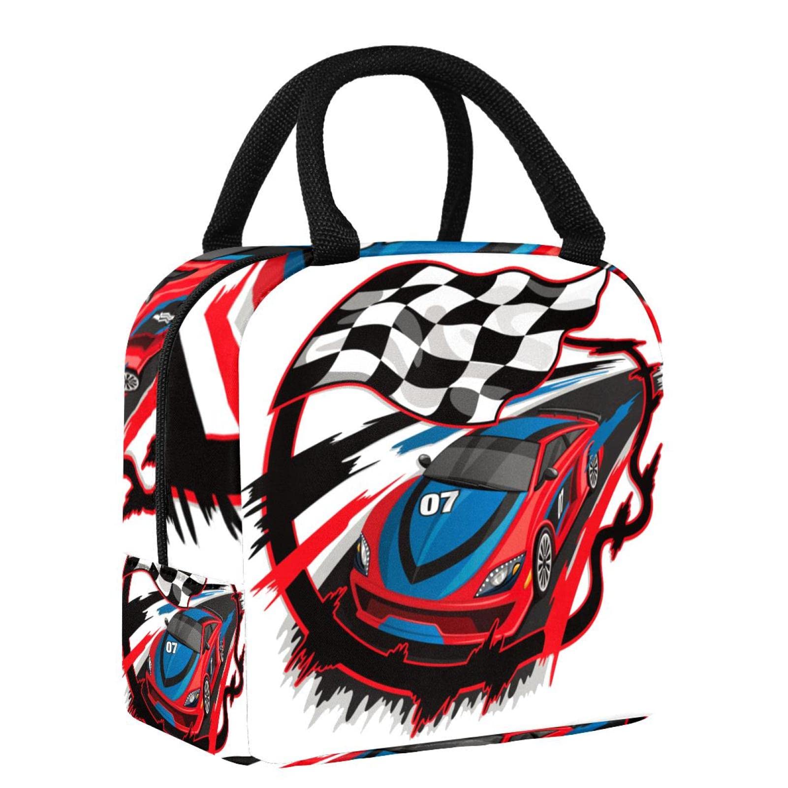 Insulated Reusable Leakproof Cooler Lunch Bag for Women & Men - Speeding Racing Car Design with Checkered Flag Race Track - Perfect for School, Work, Picnic, Outdoor Activities & Sports Events