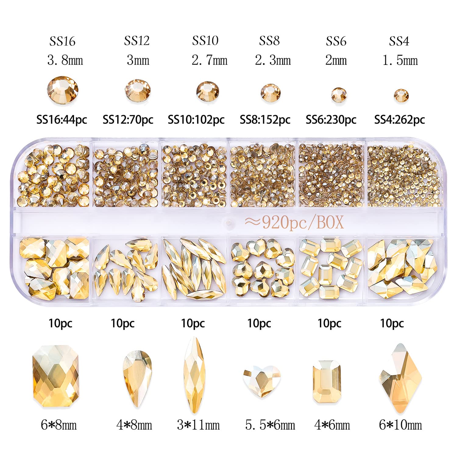 1130Pcs Champagne Gold Rhinestones for Nails - Flat Bottom Gold Diamond Nail Art Gems for Acrylic Nails, DIY Crafts | 12 Grids | Perfect for Nail Salon, Home Manicure & Jewelry Making