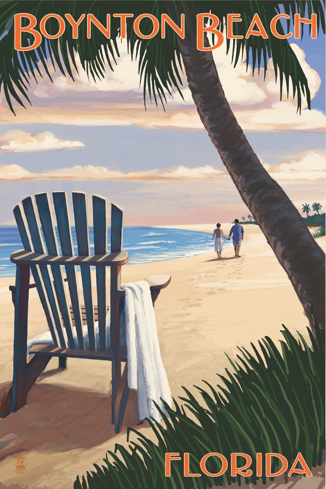 Boynton Beach Florida Adirondack Chair on the Beach - 9x12 Wall Art Print for Coastal Home Decor, Living Room, Bedroom, or Office
