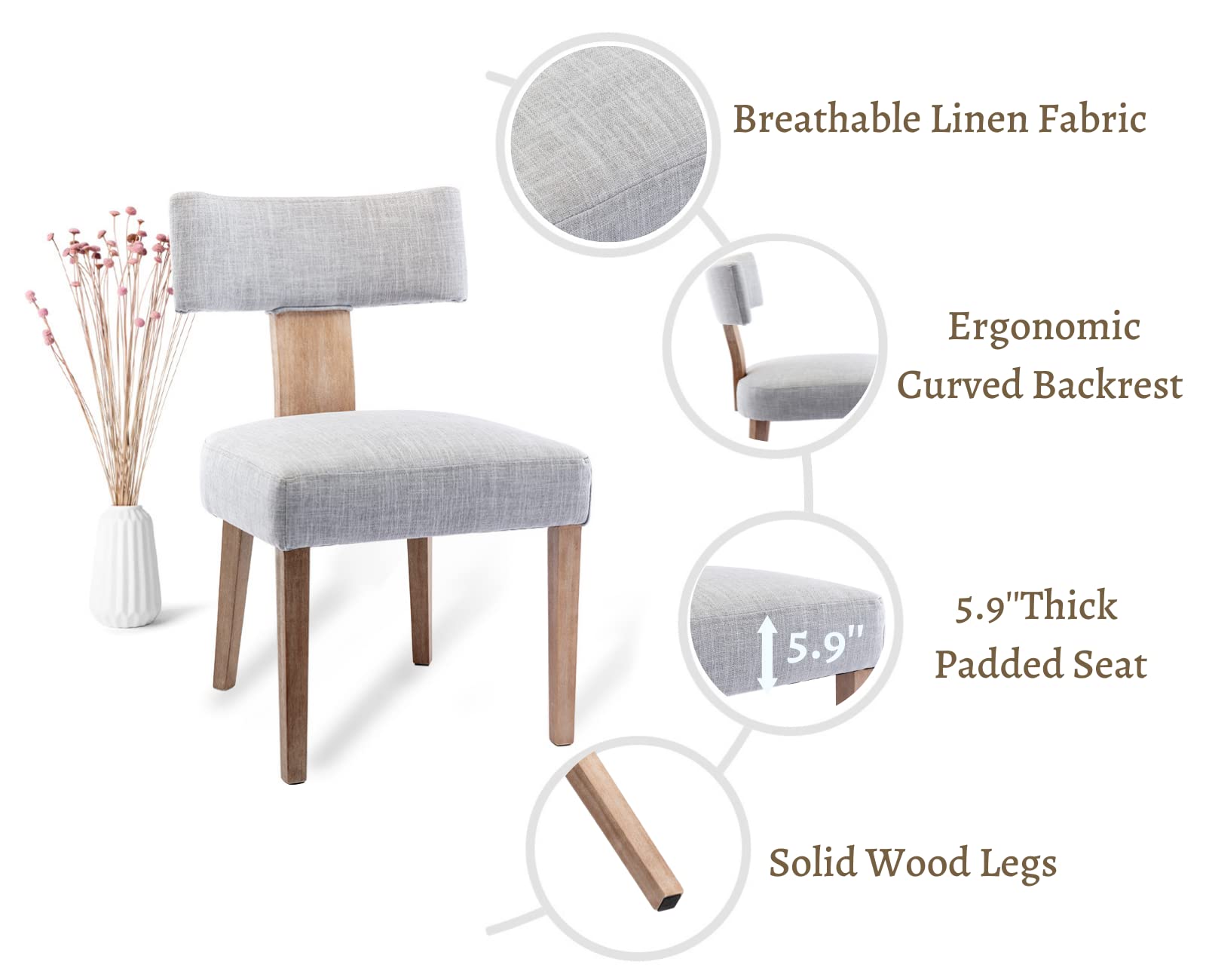 EALSON Mid Century Modern Dining Chairs Set of 2 - Linen Upholstered Kitchen Chairs with Wood Legs & Curved Back - Farmhouse Style Accent Chairs for Dining Room & Living Room - Grey | Perfect for Home Decor, Kitchen Breakfast Nook & Cozy Dining Spaces