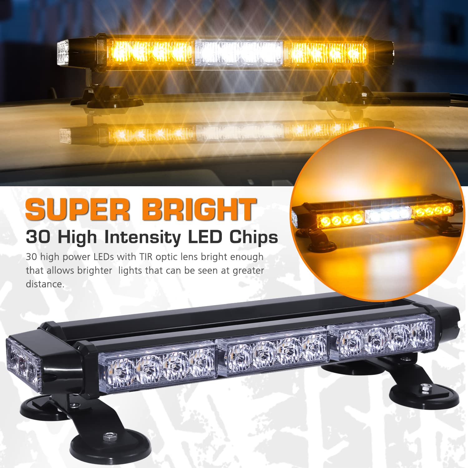 LINKITOM 30 LED Strobe Light Bar - Double Side High Intensity Emergency Hazard Warning Beacon with Magnetic Base for Trucks, Vehicles, Roof Safety (Amber & White) - Ideal for Roadside Emergencies, Construction Zones & Fleet Vehicle Warning Lights
