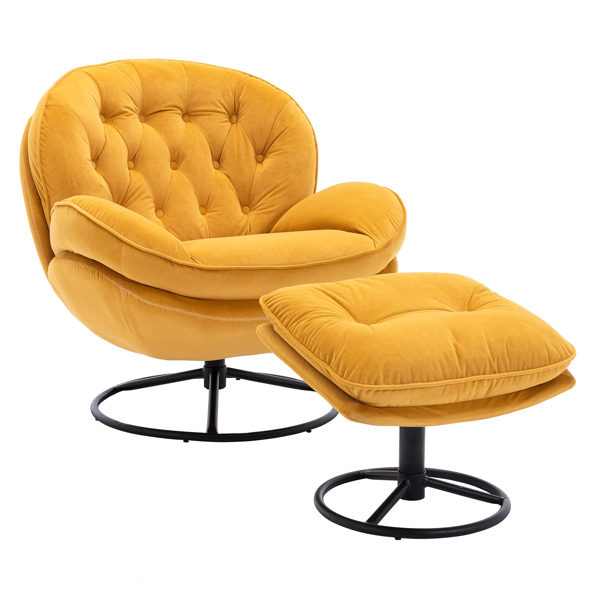 Velvet Swivel Accent Chair with Ottoman Set - Modern Lounge Chair & Footstool, Comfortable Armchair with Metal Legs for Home Office, Living Room, Bedroom - Yellow - Perfect for Relaxing, Reading & Watching TV