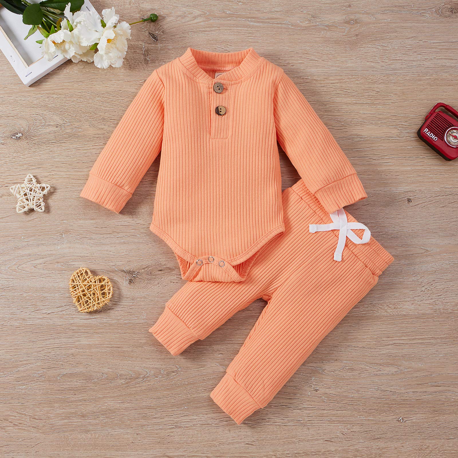 Newborn Baby Girl & Boy Fall Winter Outfits - 3-24 Months Long Sleeve Knitted Cotton Romper & Pants Set | Cozy Infant Winter Clothes for Playtime, Family Photos & Holiday Gatherings