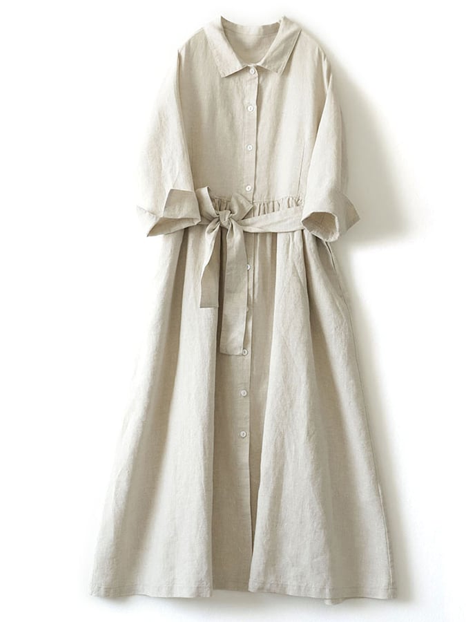 Lovevop Women's Cotton Linen Shirt Dress with Lapel & Button Belt - Casual Solid Color Tunic Dress for Office, Travel and Everyday Wear