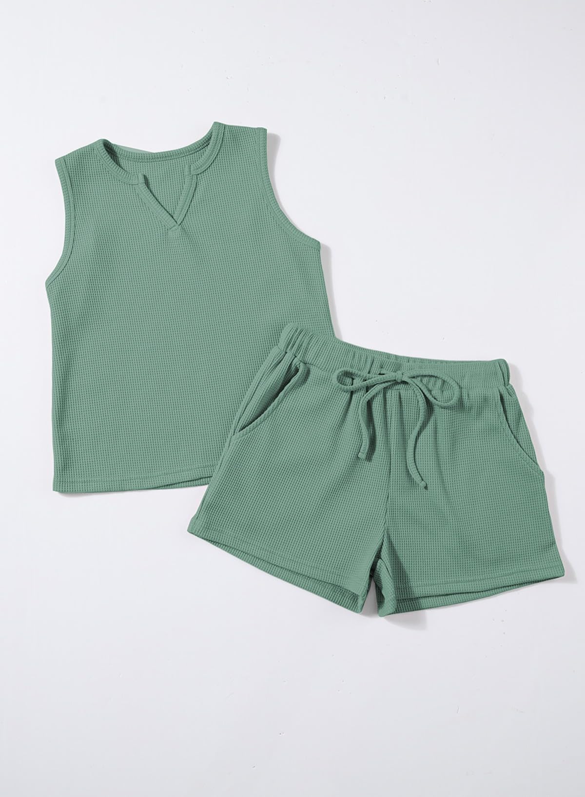 Blibean Girls Summer Clothes Set - Kids Waffle Knit Cotton Outfit with Pockets (Size 4-13 Years) | Cute & Comfortable Playwear for School, Beach & Outdoor Activities