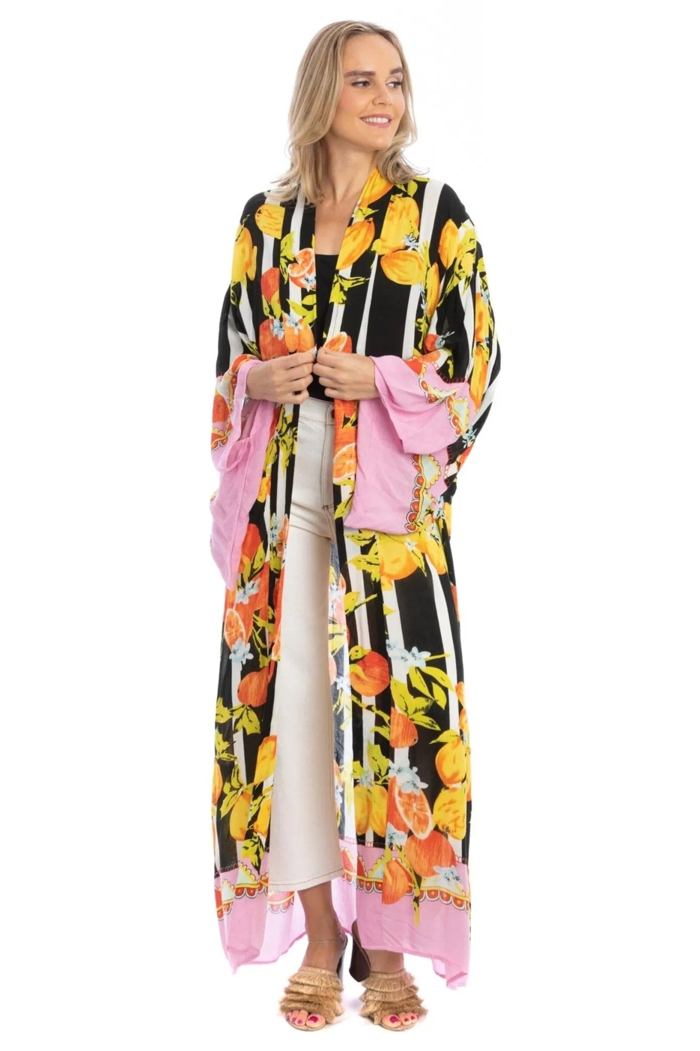 Stylish Citrus Print Kimono Long Sleeve Cover Up - Lightweight Summer Beachwear for Women - Perfect for Beach, Pool, and Vacation Outfits