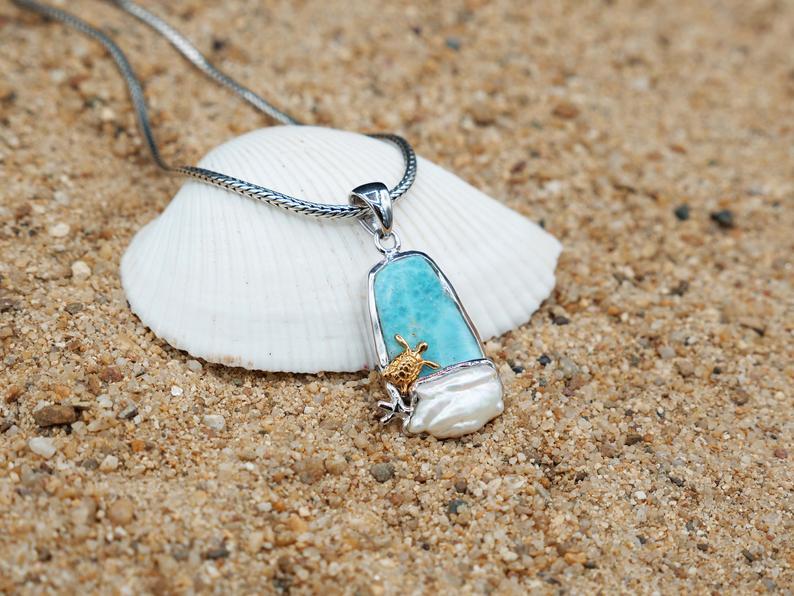 Unique Baby Sea Turtle & Pearl Beach Pendant Necklace - Handcrafted One-of-a-Kind Jewelry for Beach Lovers, Ocean-Themed Gifts & Summer Fashion Accessories