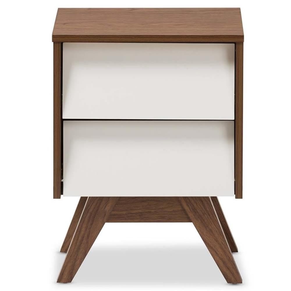 Allora Modern 2-Drawer Nightstand - White & Walnut Brown Wood Bedside Table for Bedroom, Living Room & Guest Room - Compact Storage End Table with Smooth Gliding Drawers