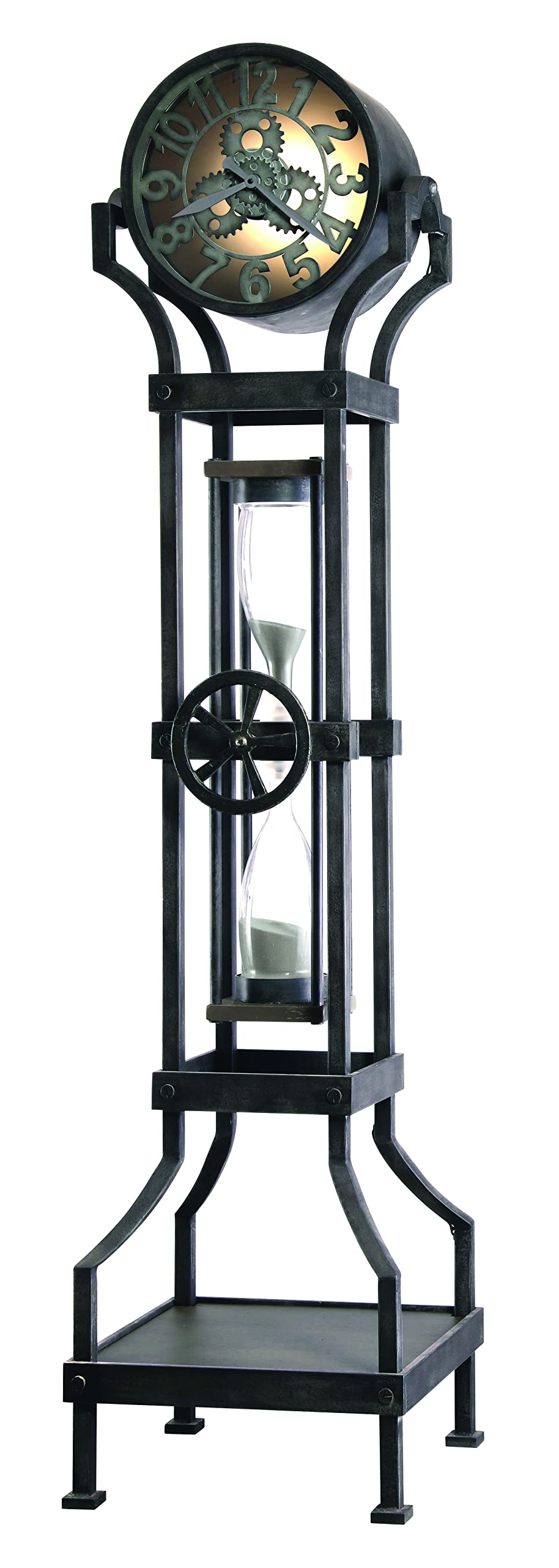 Howard Miller Hourglass III Floor Clock - Black Finish with Sand Timer & Incandescent Light Bulb, Metal Frame Arabic Numerals for Office & Home Decor | Classic Timepiece for Living Room, Study, or Entryway