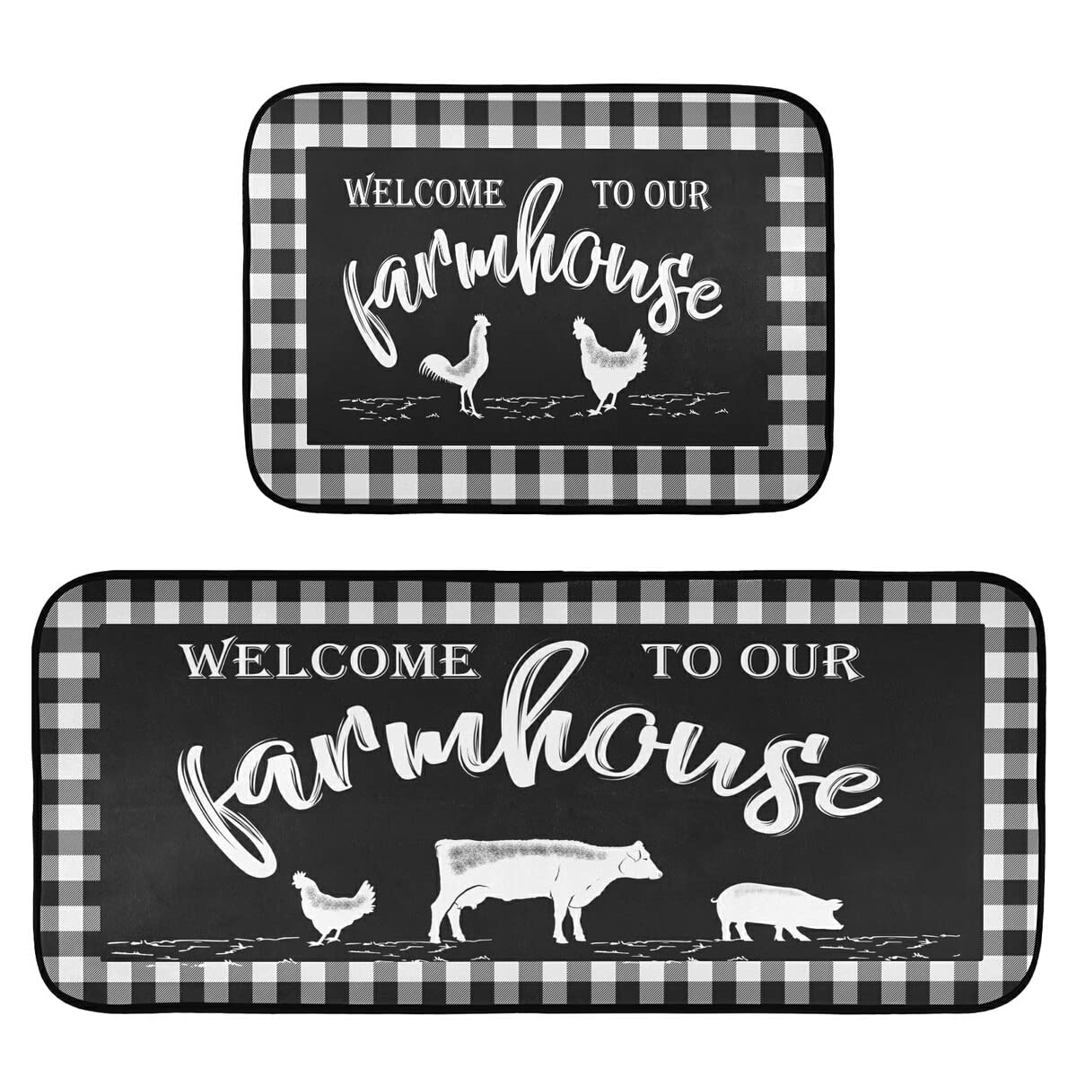 Emelivor Farmhouse Kitchen Rugs - 2-Piece Non-Slip Washable Buffalo Plaid Runner Set with Rooster & Cow Design | Perfect for Country Style Kitchens, Entryways & Cozy Home Decor