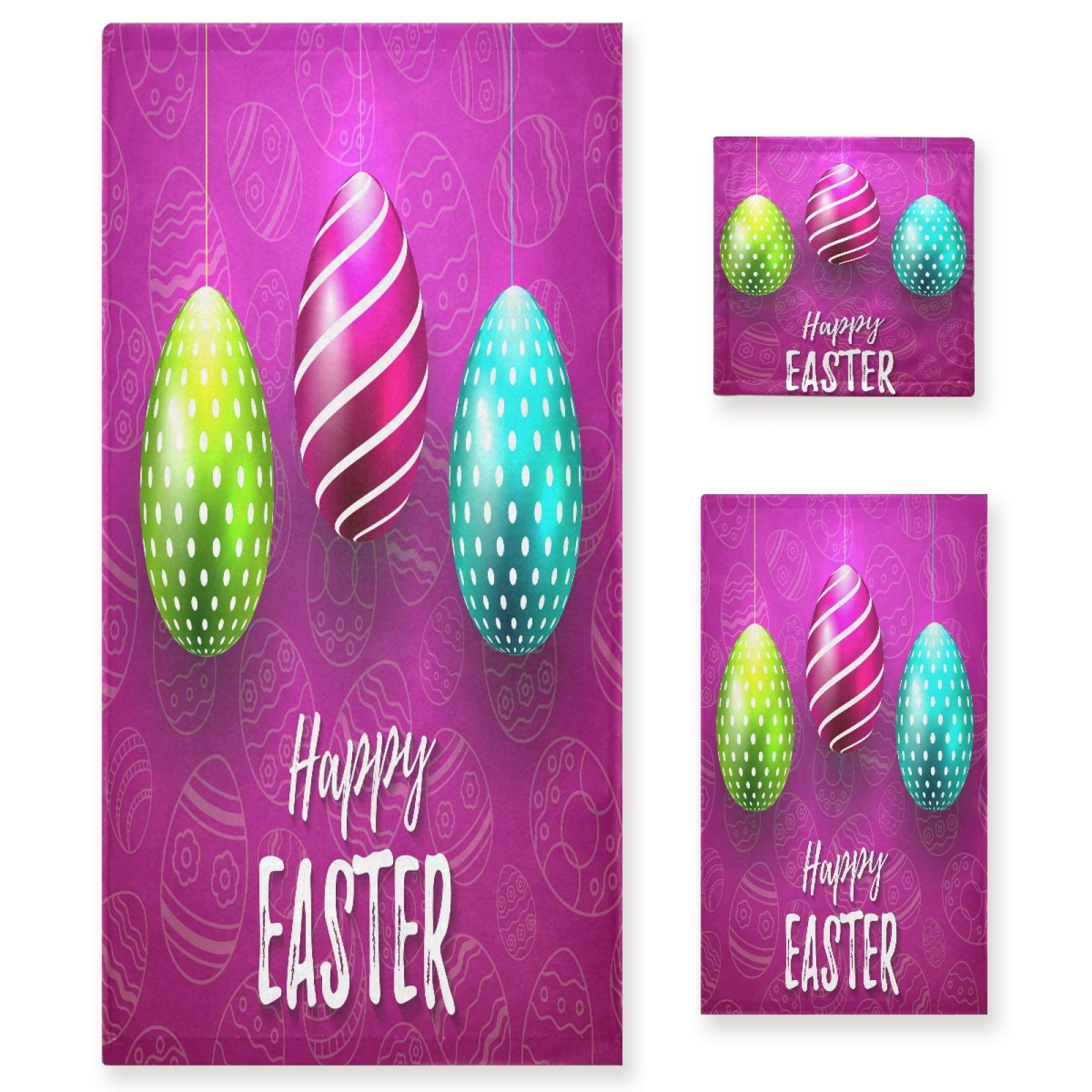 Xigua 3-Piece Bath Towel Set - Soft & Absorbent Bath, Hand & Washcloth Towels - Colorful Easter Egg Design for Home, Kitchen, Hotel, Gym & Swimming Pool Use
