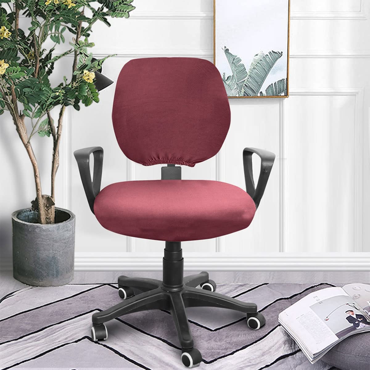 Split Rotating Desk Chair Seat Slipcover - Removable Stretch Office Chair Cover - Polyester Elastic Computer Chair Protector for Swivel & Armrest Chairs (Wine Red) - Perfect for Home Office, Gaming & Workspace Comfort