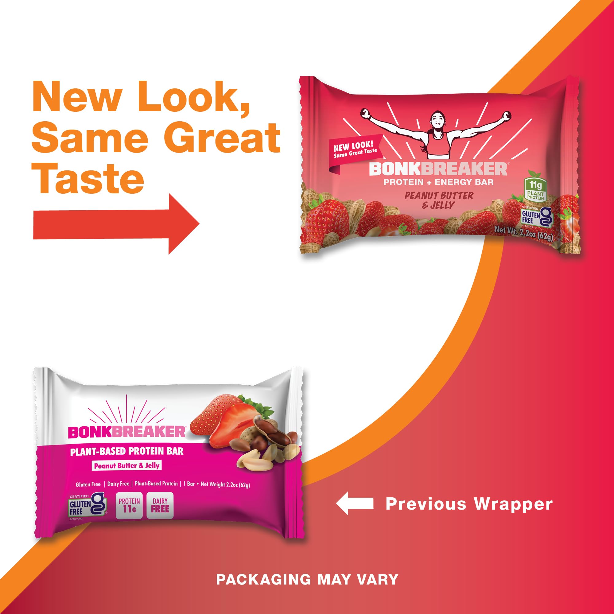 Bonk Breaker Plant Based Protein Bars - Gluten Free, Dairy Free, 13g Protein, Peanut Butter & Jelly Flavor, 62g Bar (12 Pack) - Perfect for Post-Workout Recovery, Hiking Snacks & Healthy On-the-Go Nutrition