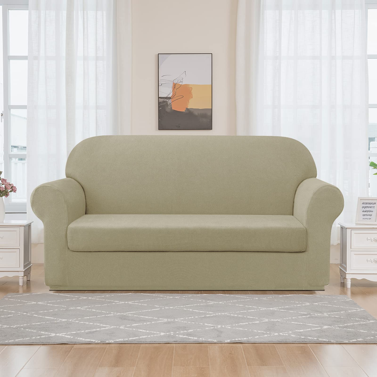SUBRTEX Stretch Sofa Covers 2-Piece Set - Elastic Bottom Washable Slipcover for 2-3 Cushion Couches (Sand, Large) - Perfect for Living Room, Family Room & Home Decor Protection