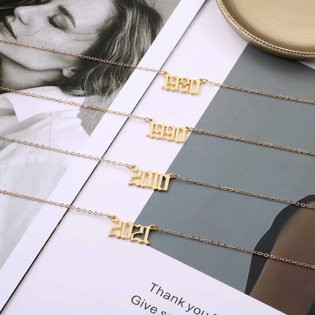18K Gold Plated Old English Birth Year Necklace for Women - Personalized 1970-2021 Number Pendant Jewelry Gift for Birthday, Anniversary & Special Occasions | Elegant Layering Necklace for Everyday Wear, Date Nights & Gift Giving