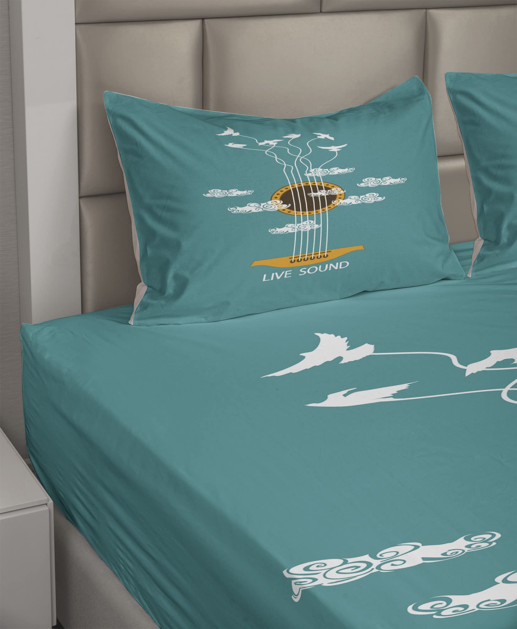 Ambesonne Guitar Themed 4-Piece King Size Bedding Set - Abstract Music Design with Birds on Strings & Clouds, Fitted Sheet, Flat Sheet & 2 Pillowcases, Turquoise Marigold White - Perfect for Musicians' Bedrooms, Music Lovers' Homes & Bohemian Decor
