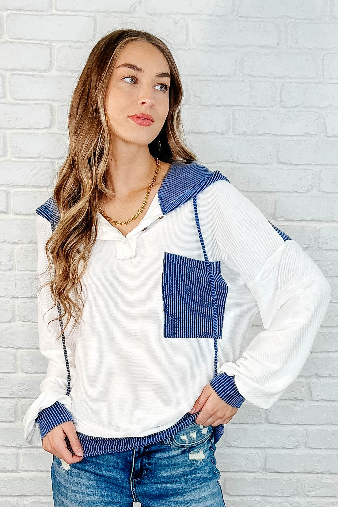 Here for Now Color Block Hoodie - Blue Pullover Sweatshirt for Men & Women | Casual Streetwear, Loungewear, and Outdoor Activities