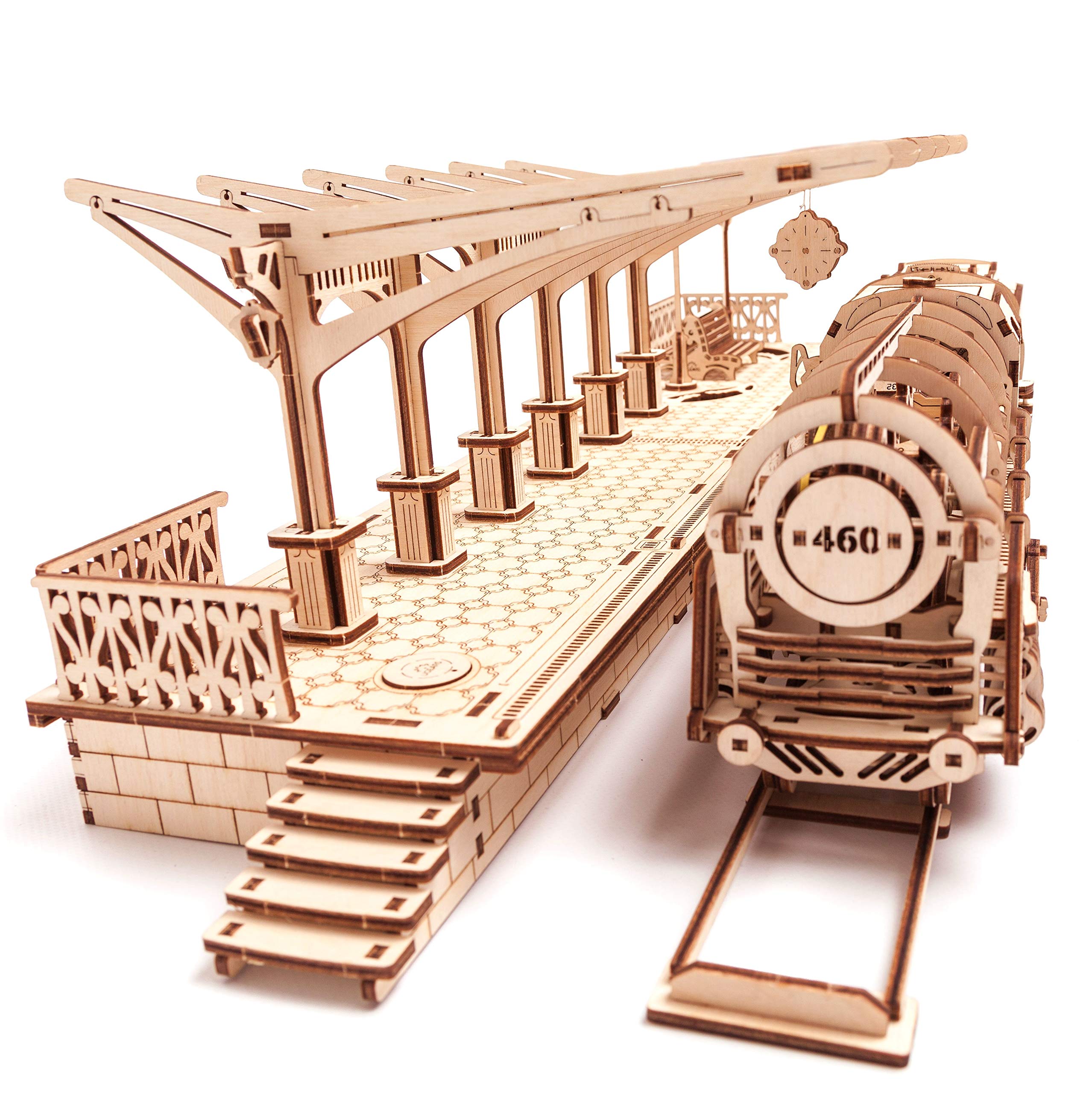 UGEARS 3-in-1 Locomotive, Railway Platform & Rails Mechanical 3D Puzzle Set - Eco-Friendly STEM DIY Model Kit for Teens & Adults - Perfect Educational Gift for Kids & Brainteaser Lovers - Great for Home Decor, Office Display & Family Bonding Activities