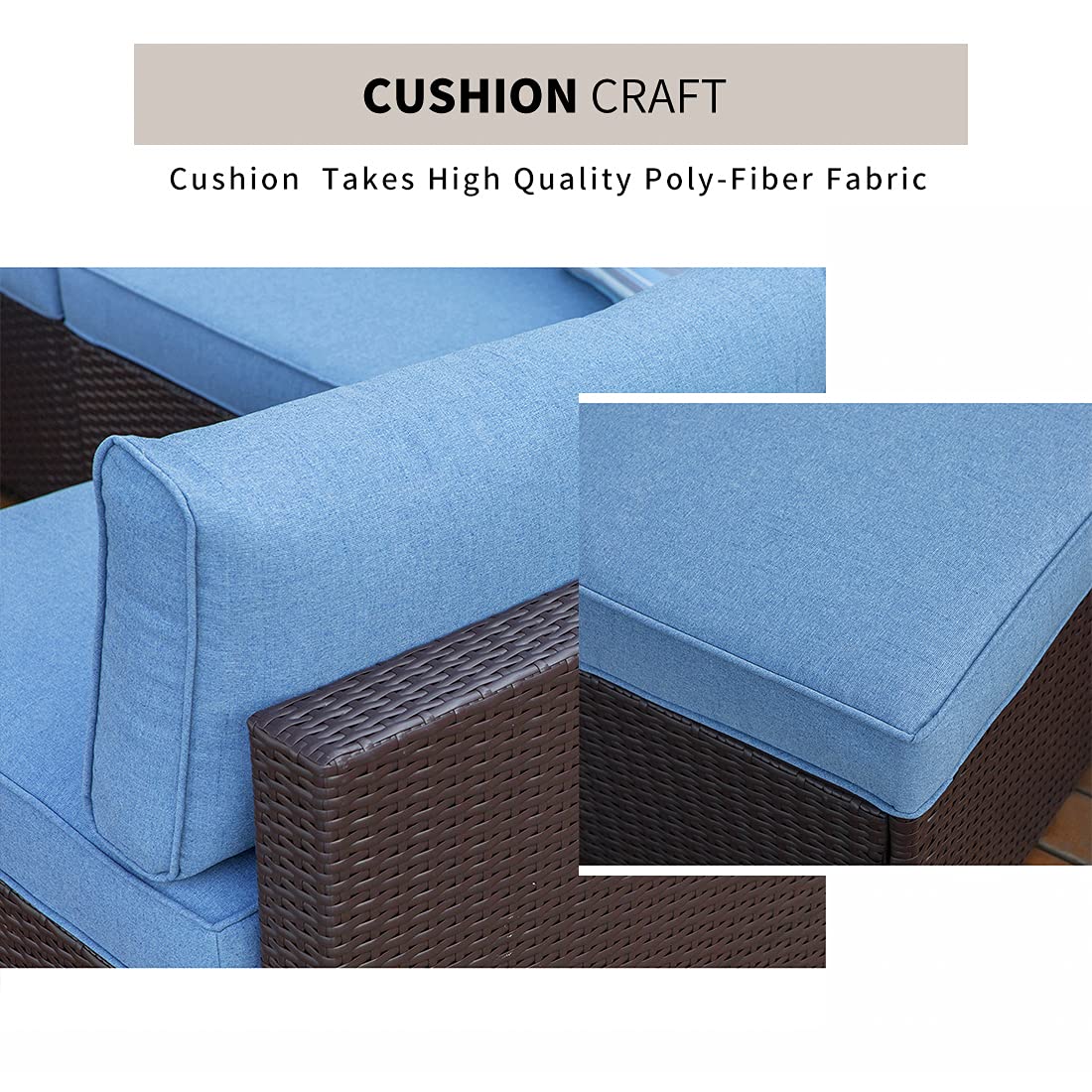 HOMPUS 7-Piece Outdoor Patio Sofa Set - All-Weather Chocolate Brown Wicker Sectional Furniture with Royal Blue Cushions, 2 Striped Pillows & Glass Coffee Table - Perfect for Garden, Backyard, Poolside & Patio Relaxation