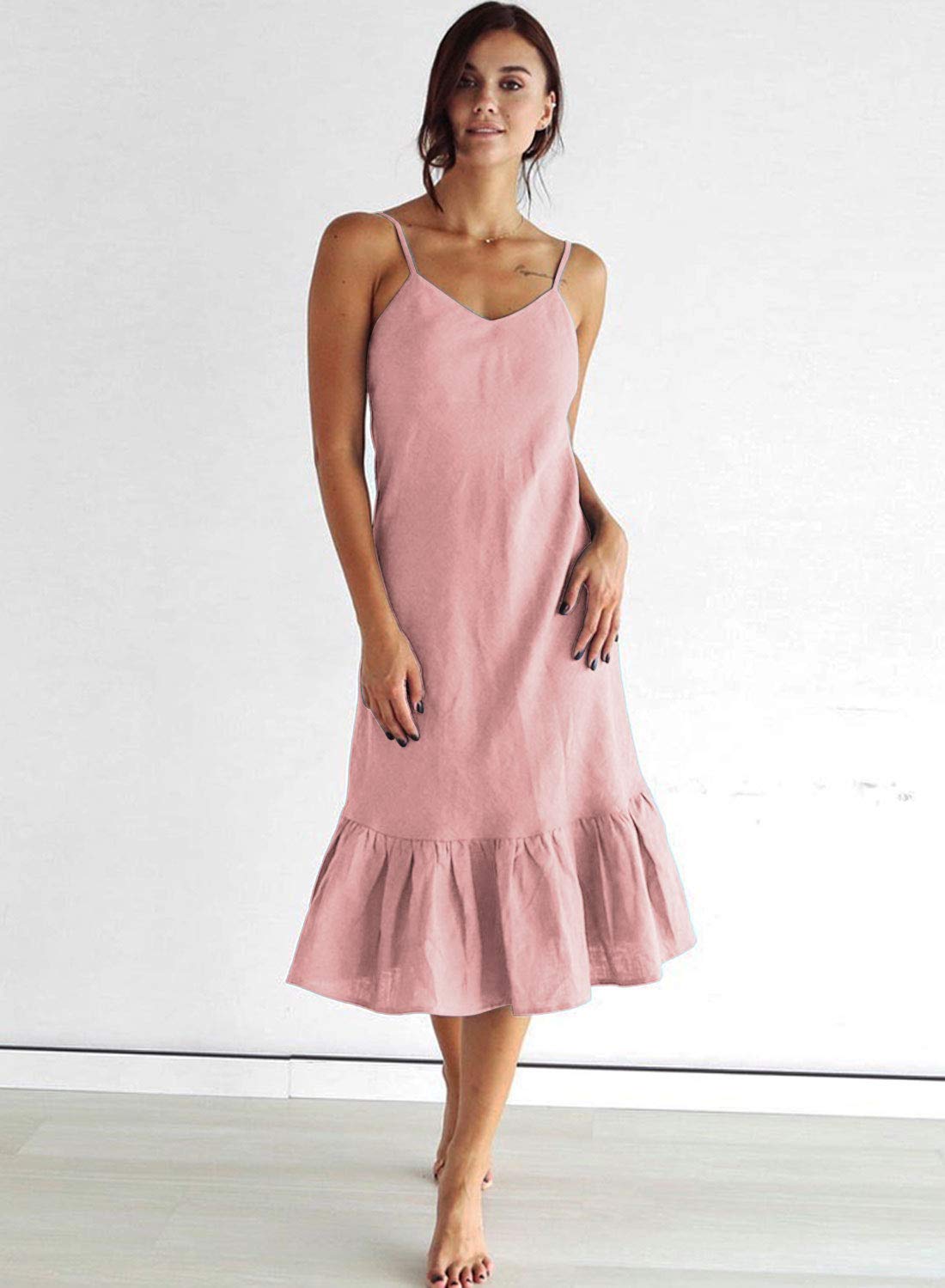 SHENBOLEN Women's Denim Suspender Dress with Ruffle Detail - Casual A-Line Midi Dress Knee Length for Spring/Summer Outfits, Date Night & Office Wear