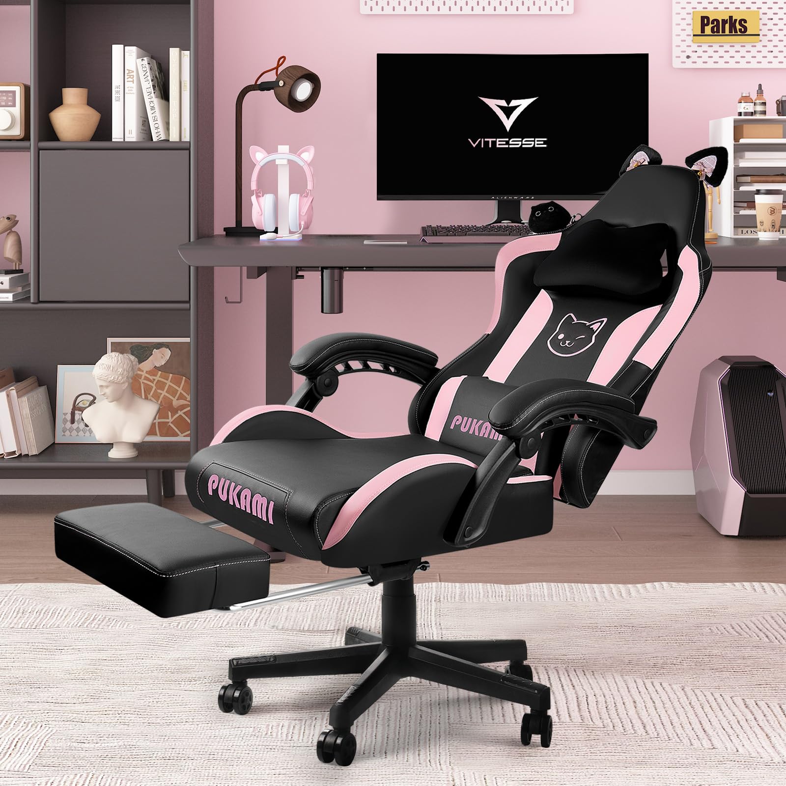 VITESSE Pink Gaming Chair with Cat Paw Lumbar Cushion & Cat Ears - Ergonomic Computer Chair for Women & Girls, Adjustable Footrest & Headrest, Reclining PC Game Chair for Adults & Teens (Black) - Perfect for Gaming, Streaming, Home Office & Study