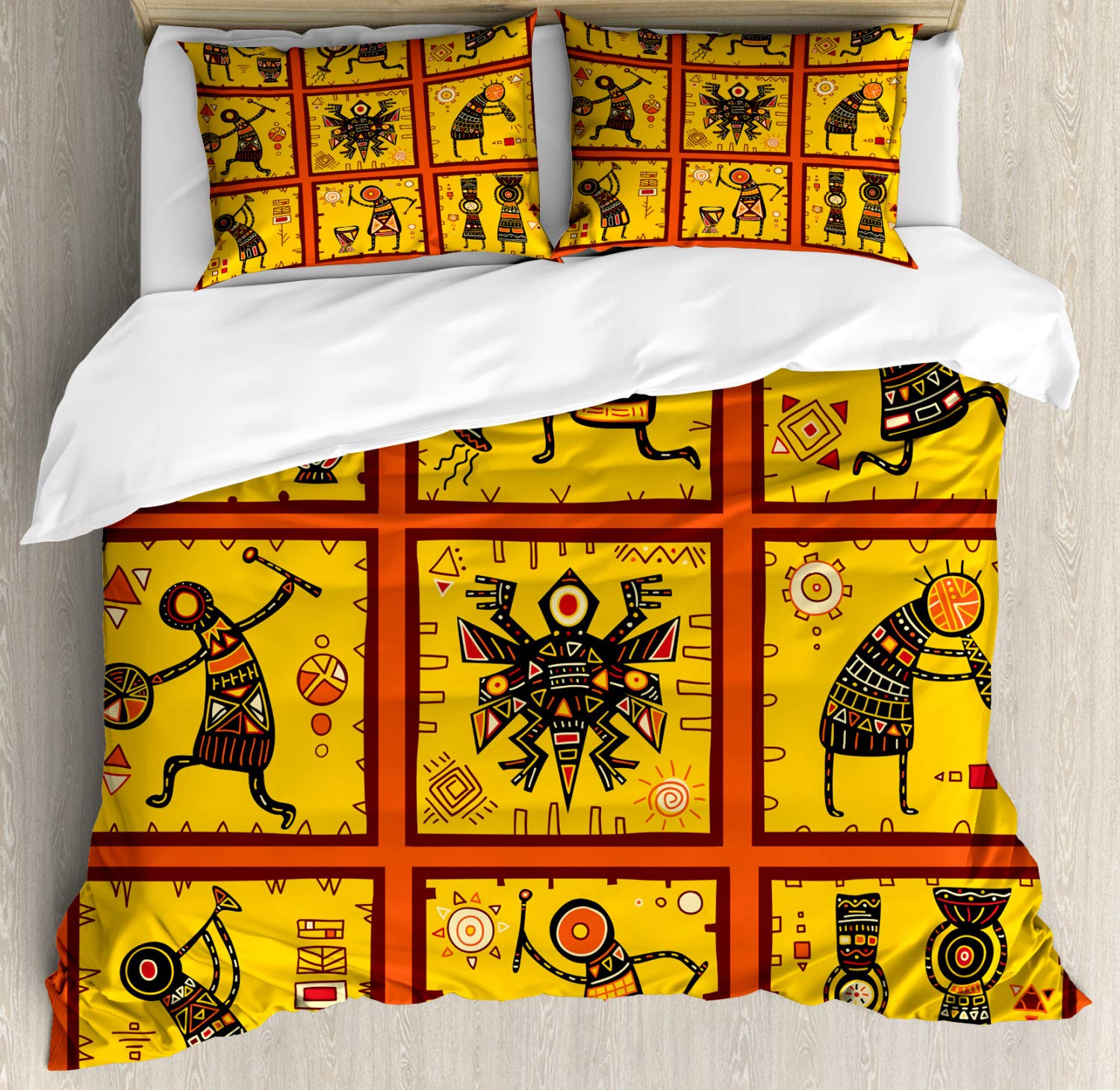 Ambesonne Orange Duvet Cover Set - Aboriginal Native Culture Design, 2-Piece King Size Bedding Set with 2 Duvet Covers & 4 Pillowcases in Coral Black Yellow | Perfect for Bohemian & Ethnic Style Bedrooms, Guest Rooms, and Cultural Home Decor