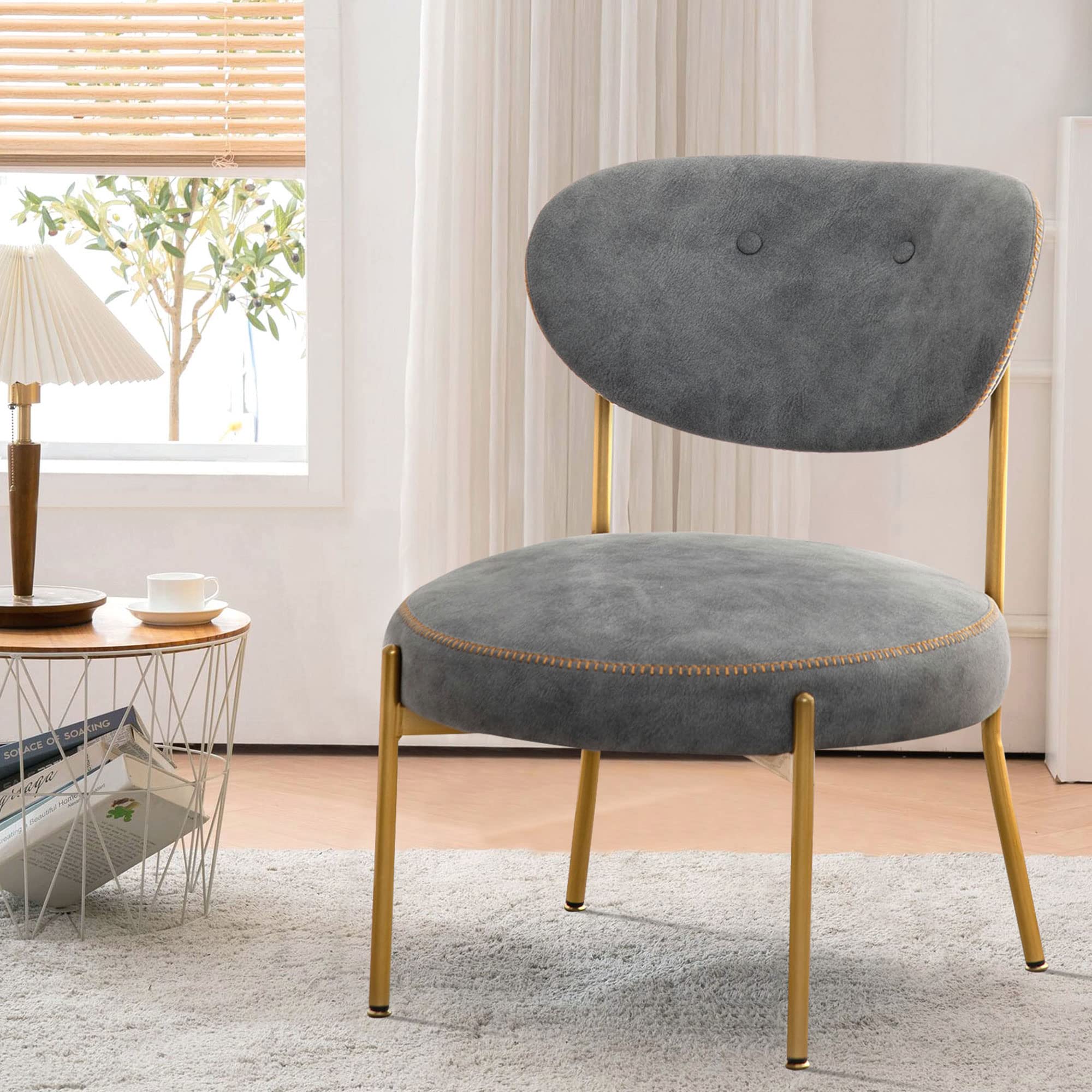 Andeworld Modern Accent Chair - Upholstered Living Room Side Sofa with Gold Metal Legs, Comfortable Round Club Chair for Bedroom, Office & Lounge - Grey | Perfect for Small Spaces, Reading Nooks & Cozy Corners